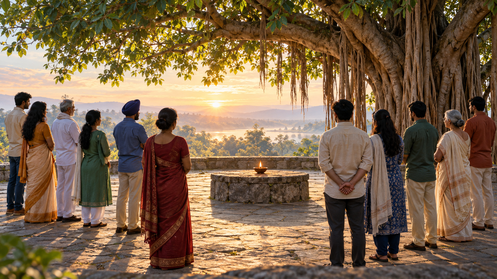 Anonymous Indian adults gather around a small oil lamp beneath a banyan tree at dawn.