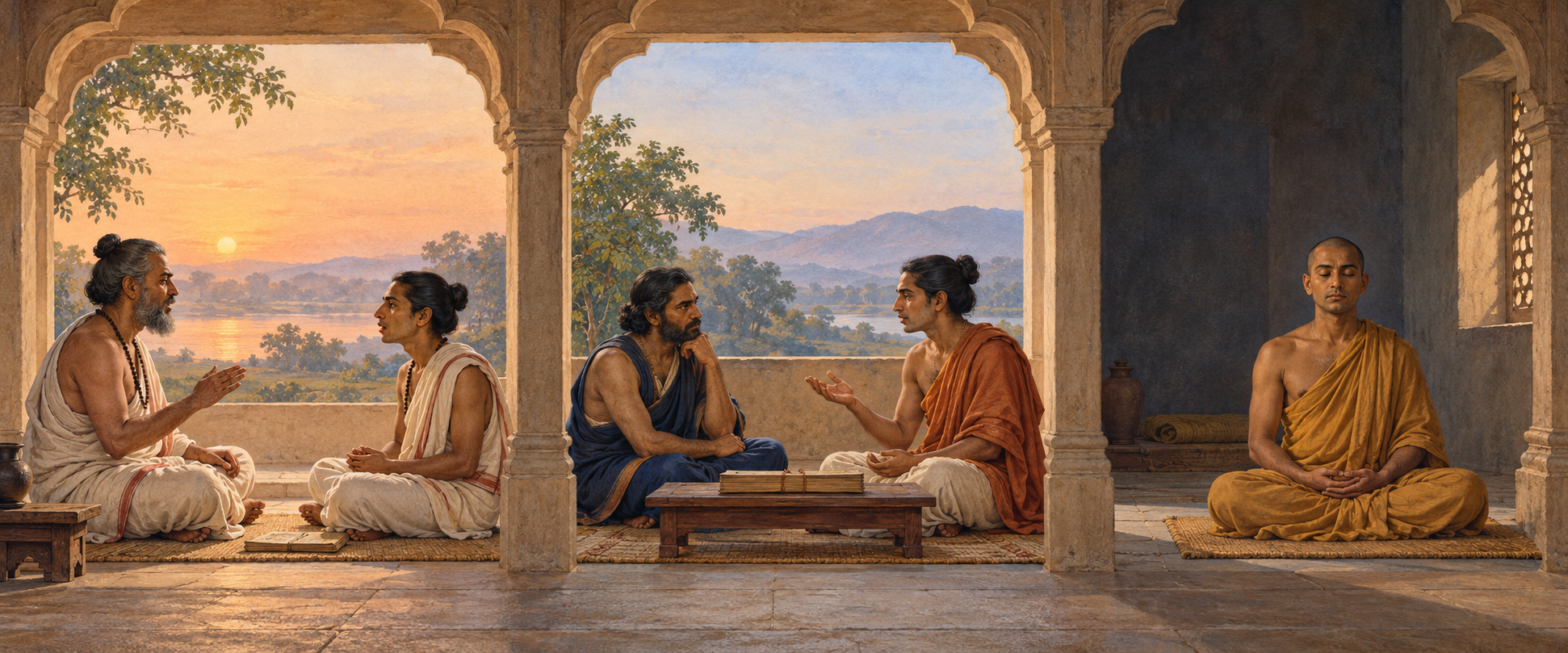 Three separate scenes show oral recitation between a teacher and student, philosophical dialogue beside a manuscript, and a solitary person meditating.