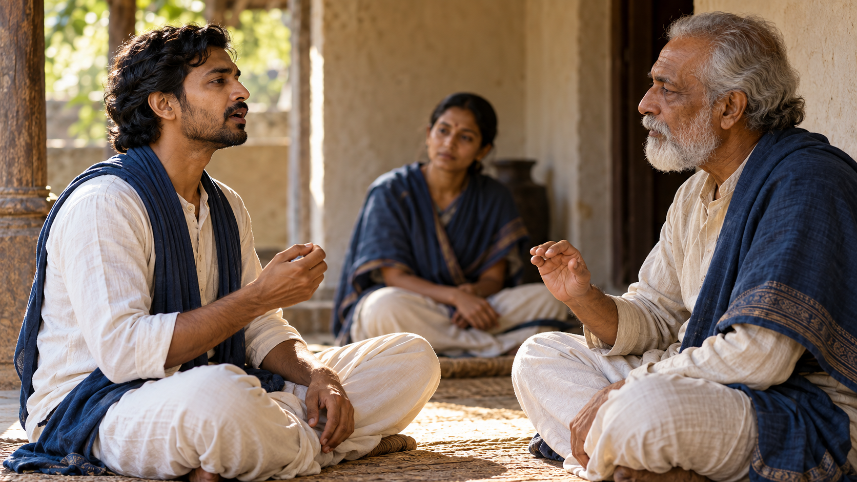 A seated student watches and listens to a teacher while practicing precise oral recitation with controlled posture and a small hand gesture.