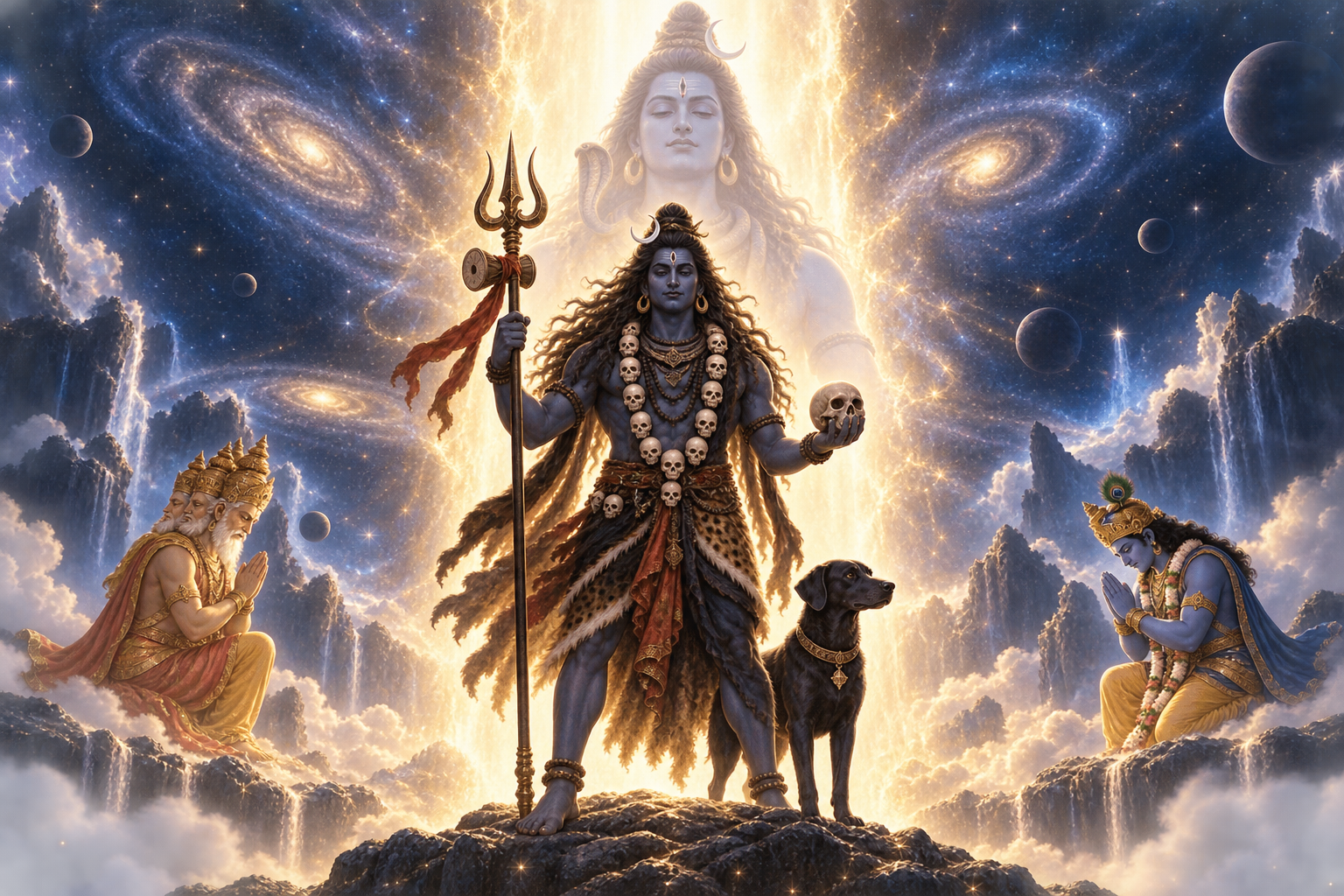 Kala Bhairava manifests beside Shiva within an endless pillar of golden light as Brahma and Vishnu bow, with a black dog standing nearby.
