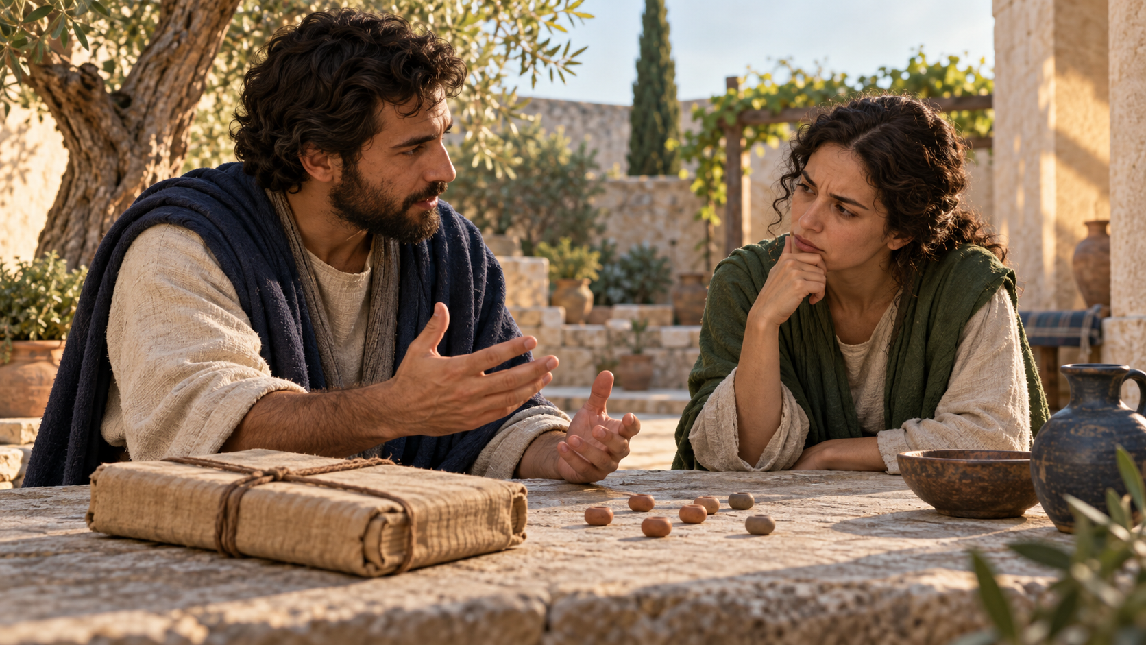 Two learners discuss an idea in a courtyard while a closed manuscript and several plain clay counters rest beside them.