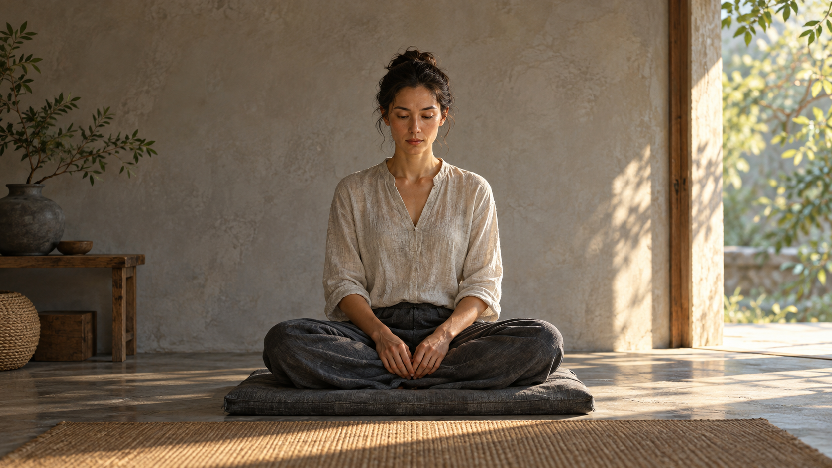 A person sits upright and alert on a folded mat in a simple room lit by morning light from an open doorway.