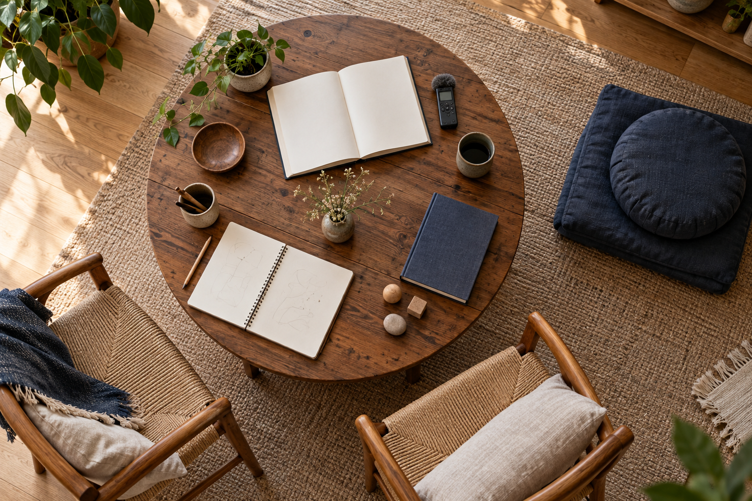 An overhead study space contains an open book and recorder, a closed book with memory tokens, a notebook near two chairs, and a folded meditation cushion.