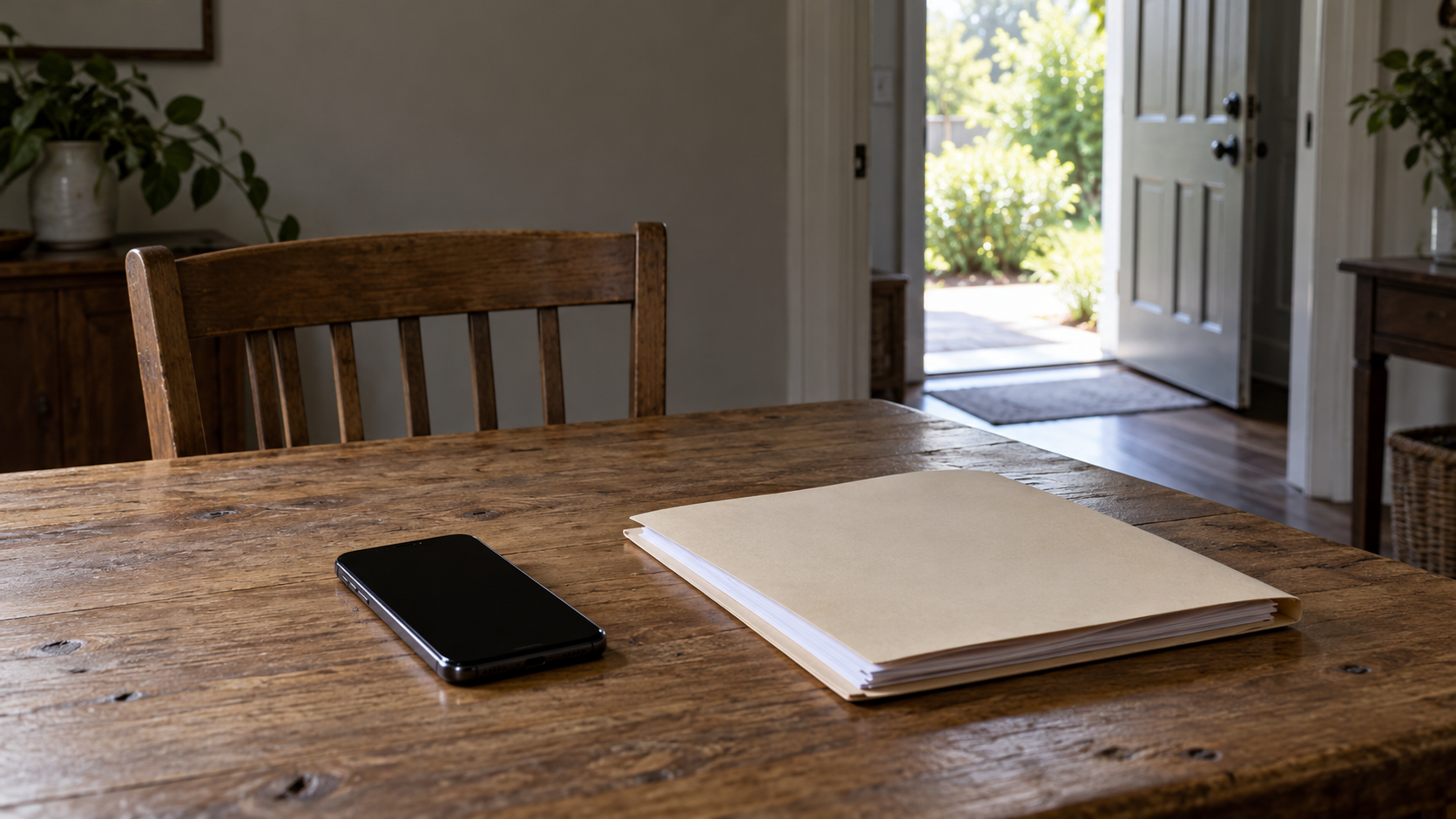 A dark-screened smartphone, an unmarked folder and an empty chair sit beside a softly lit doorway.