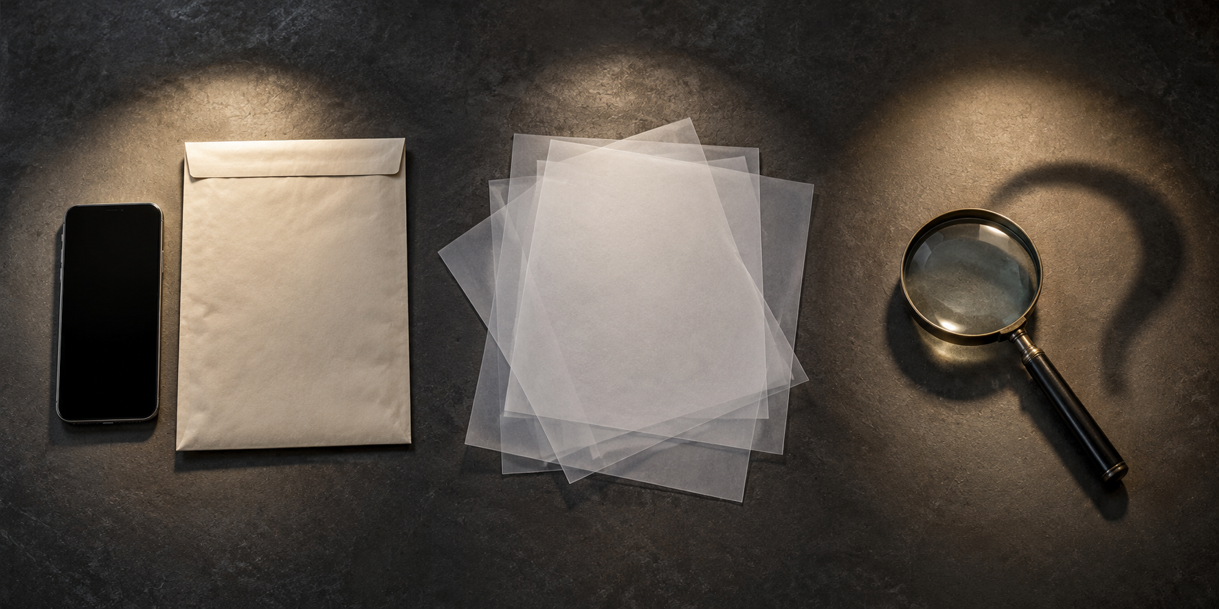 An investigation table has three distinct areas containing documented items, overlapping blank sheets and a magnifying glass beside an empty space.