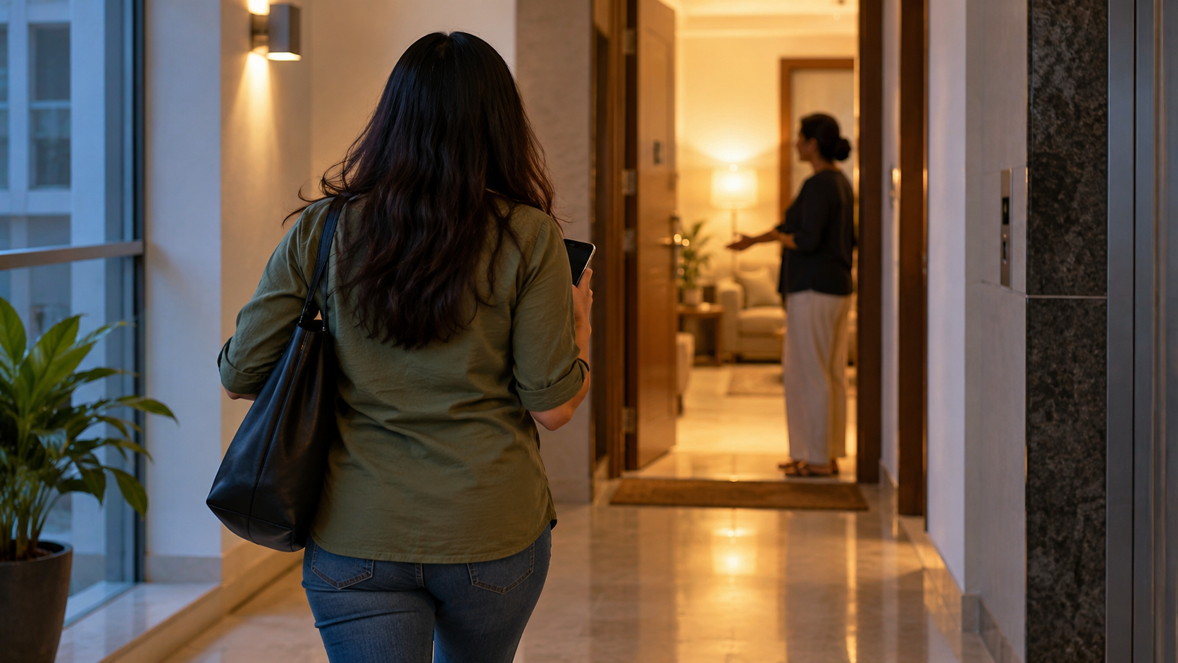 A woman holding a phone walks through a dim corridor toward an open, warmly lit room where a support figure waits.