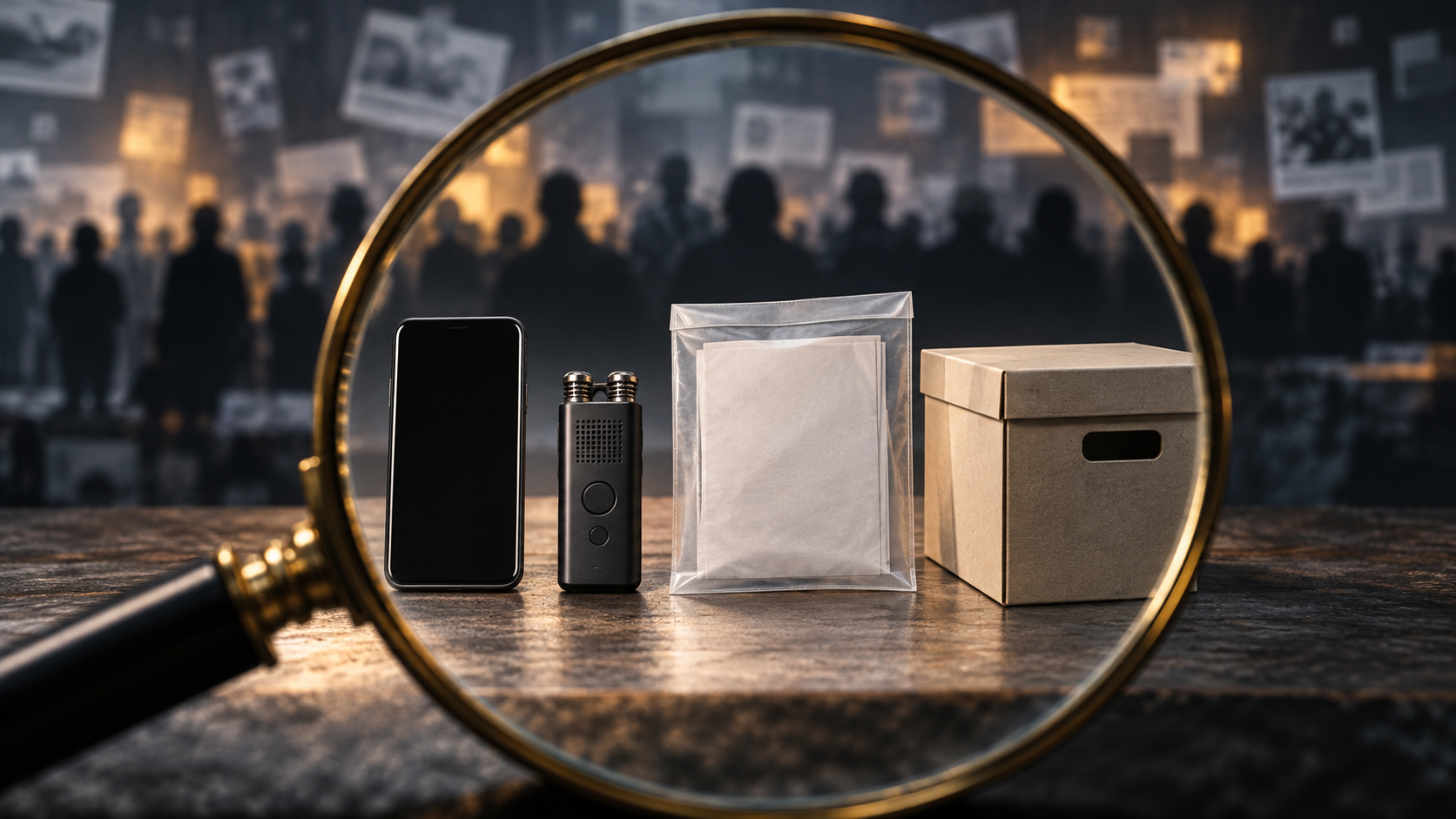 A magnifying glass examines a phone, recorder, document sleeve and file box while blurred crowd silhouettes remain in the background.