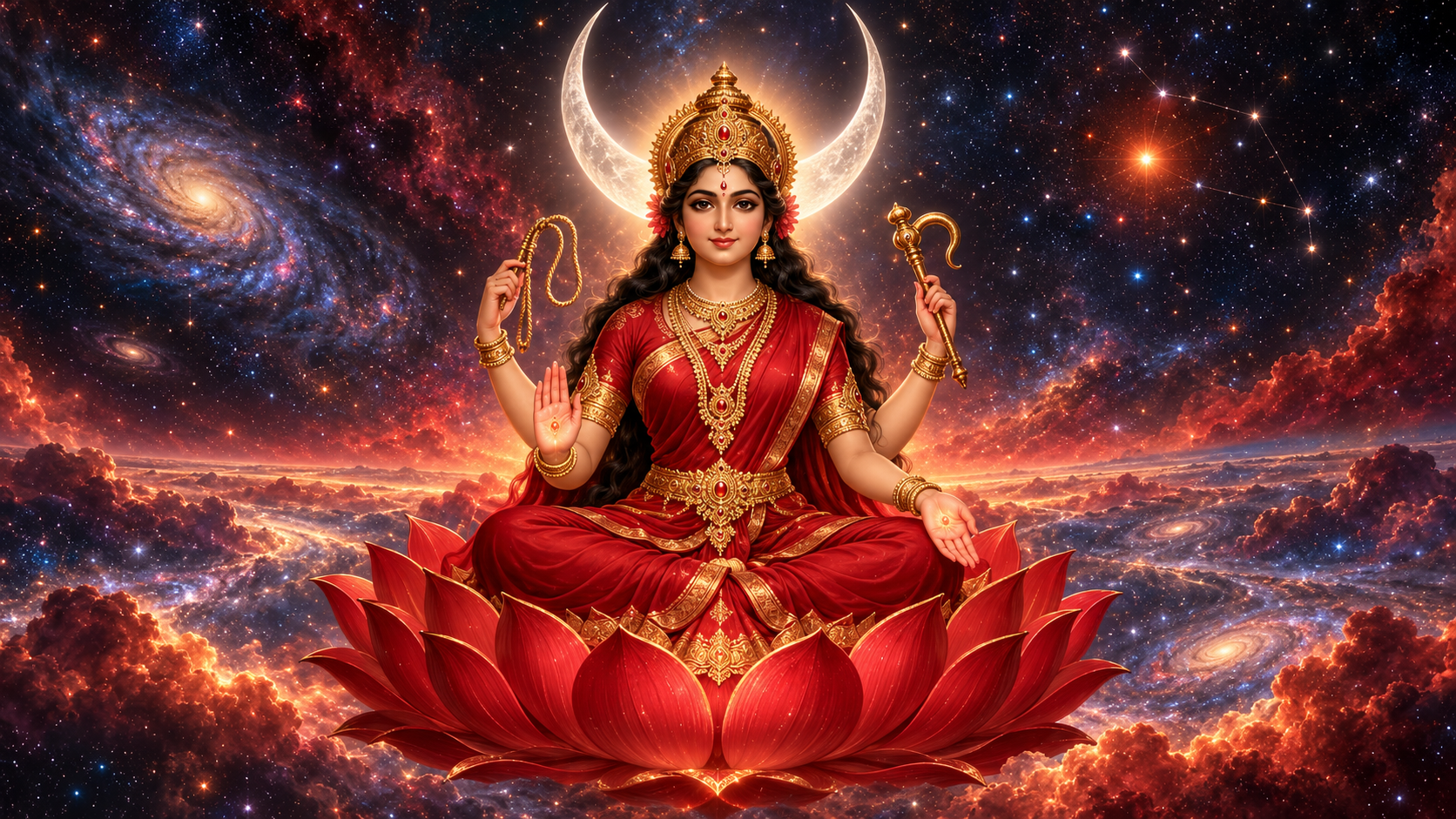 Bhuvaneshwari sits on a red lotus in a luminous cosmic setting beneath a crescent moon and a red-orange star.