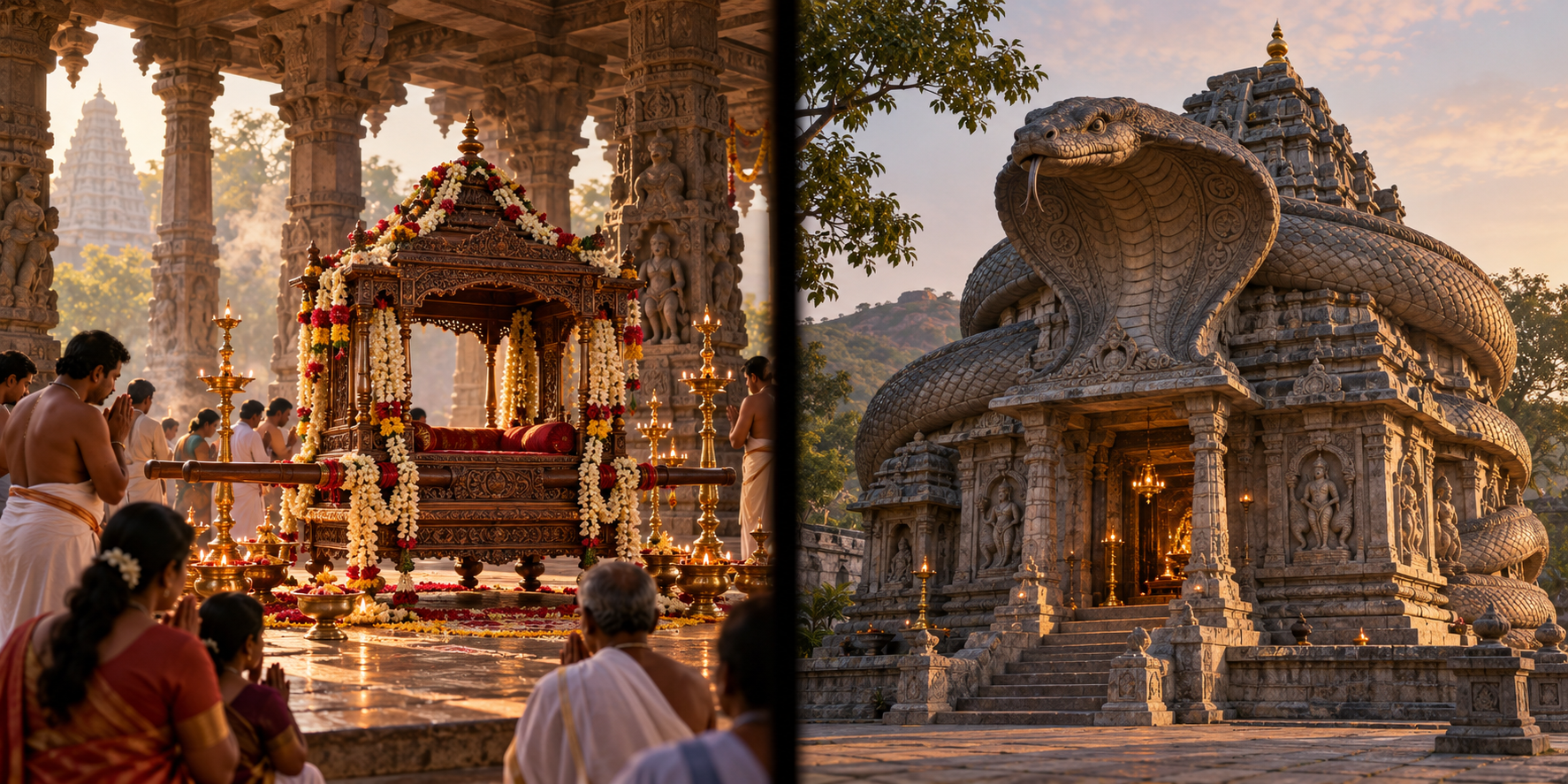 Editorial diptych showing worshippers before an empty ceremonial palanquin and a separate serpent-shaped temple building.