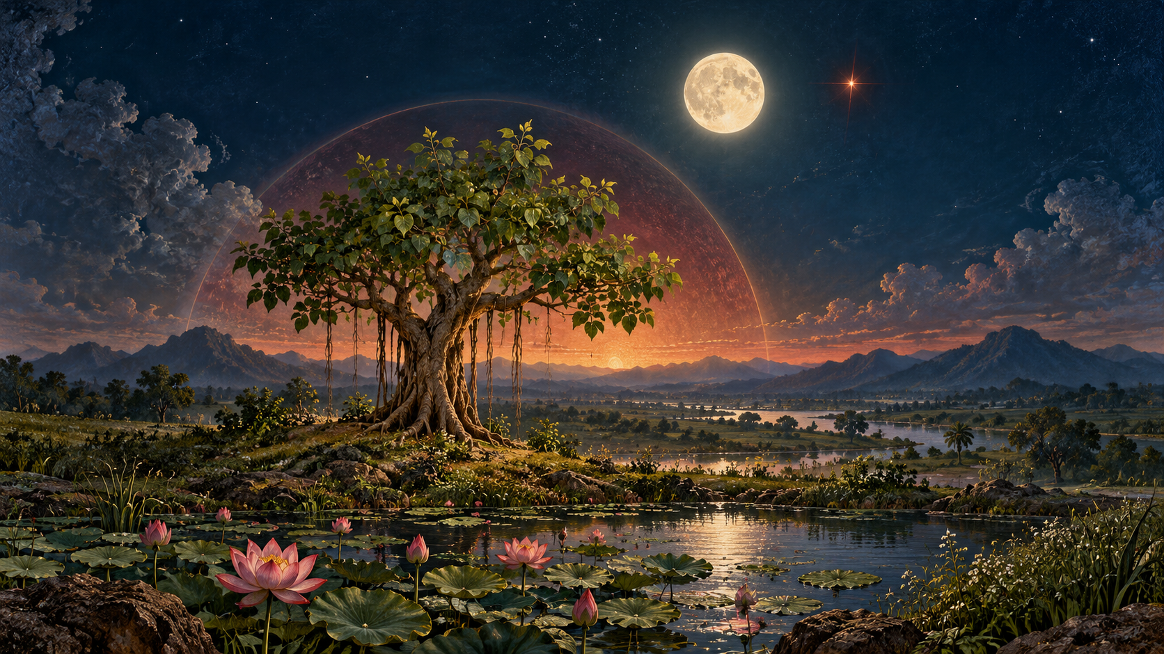 A crescent moon and red-orange star shine over a young banyan tree, fertile ground, and a lotus pond.