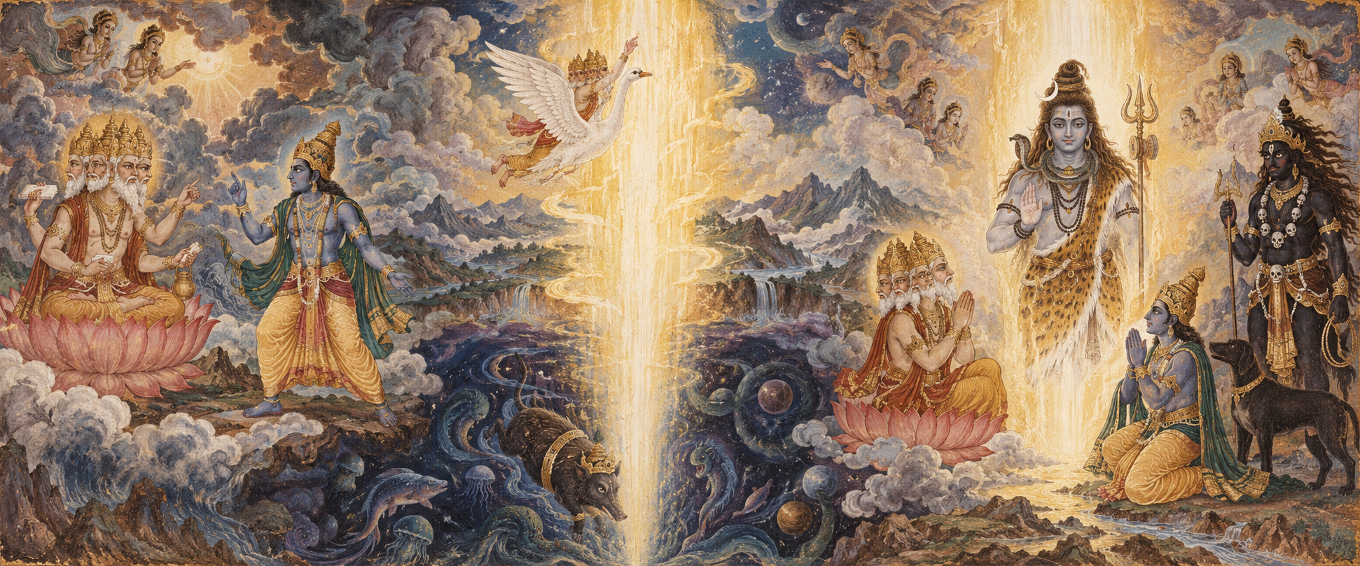 A continuous mural shows Brahma and Vishnu disputing, the infinite light pillar appearing, their upward and downward searches, and Shiva and Kala Bhairava emerging.