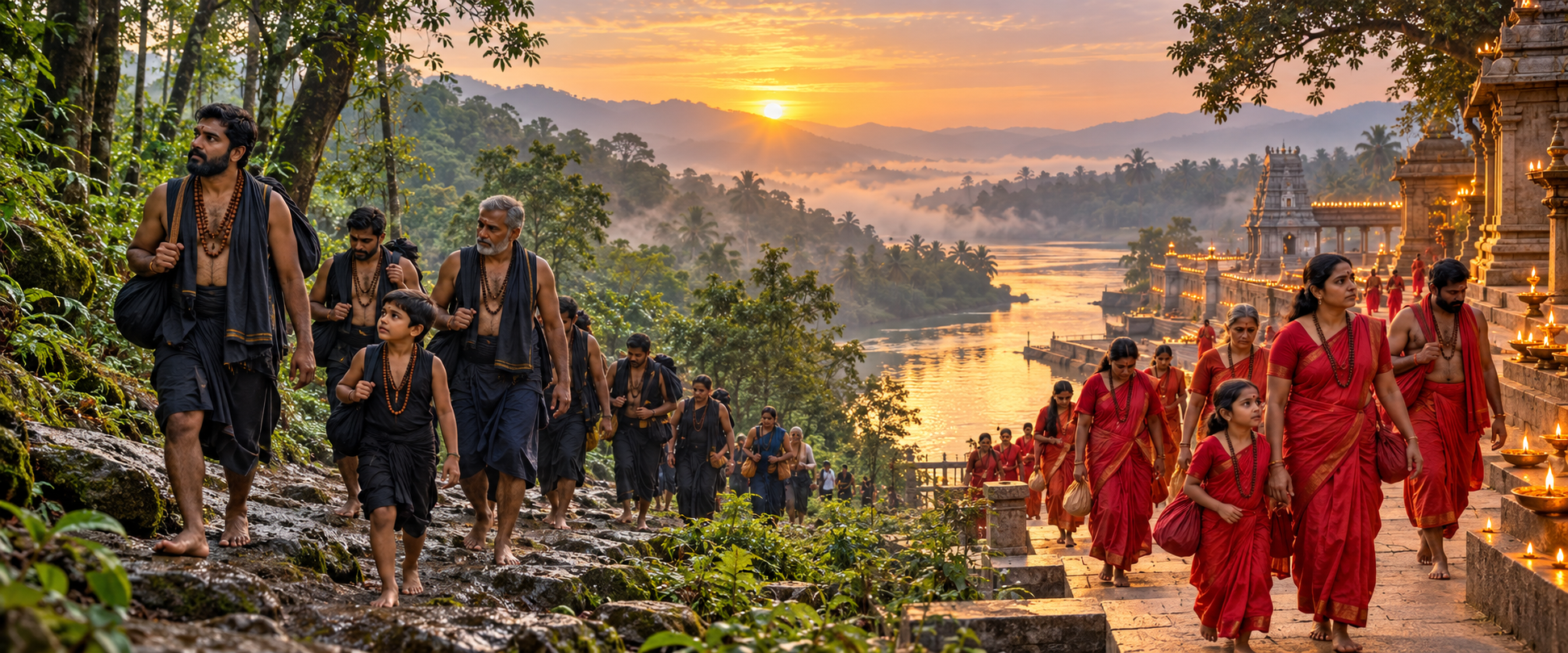 Ayyappa pilgrims in black and navy walk through a misty hill forest while Bhavani devotees in red approach a lamp-lit riverside temple precinct.