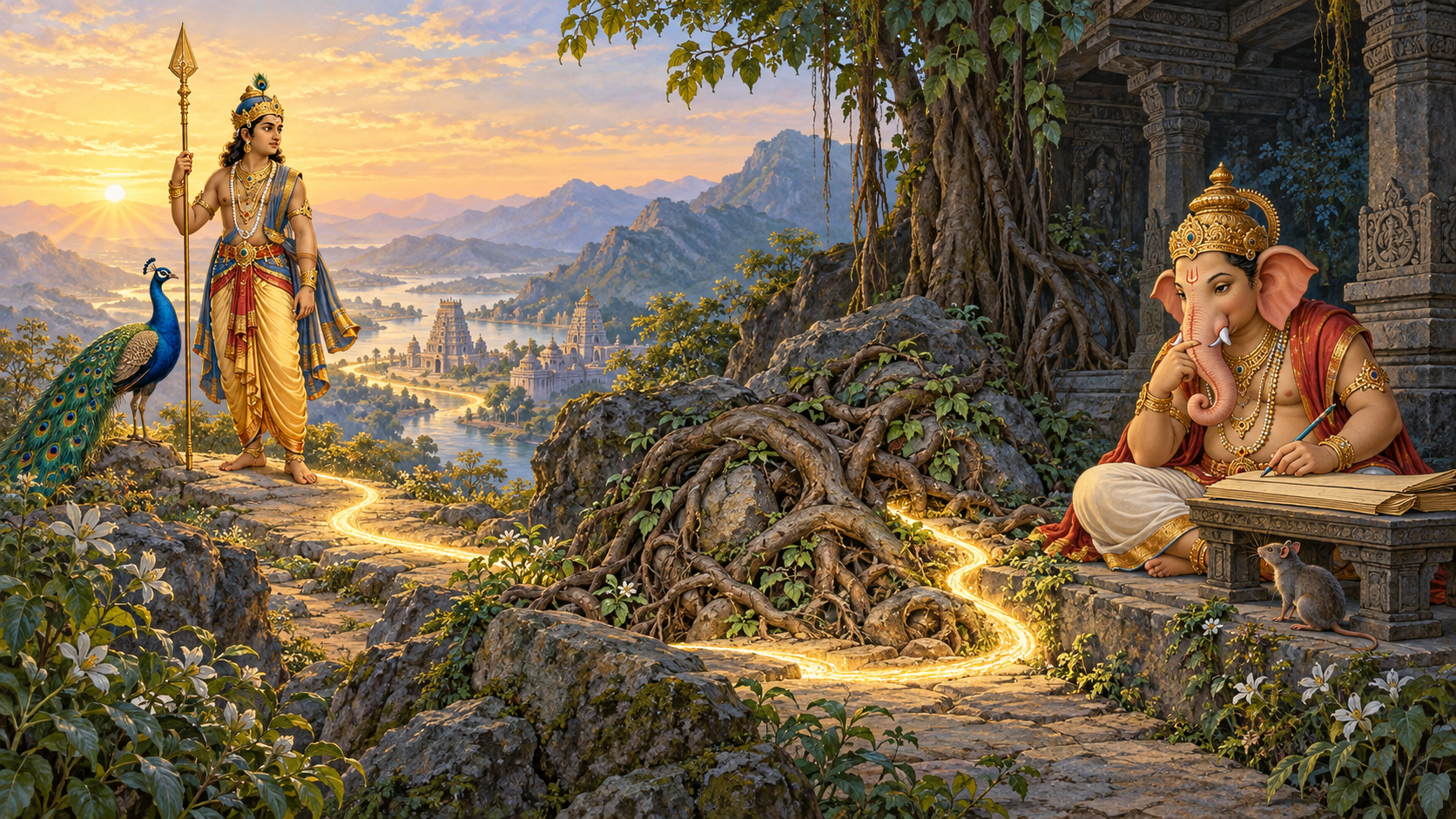 Kartikeya stands with a spear and peacock beside a mountain path while Ganesha studies tangled roots near a manuscript and a small mouse.