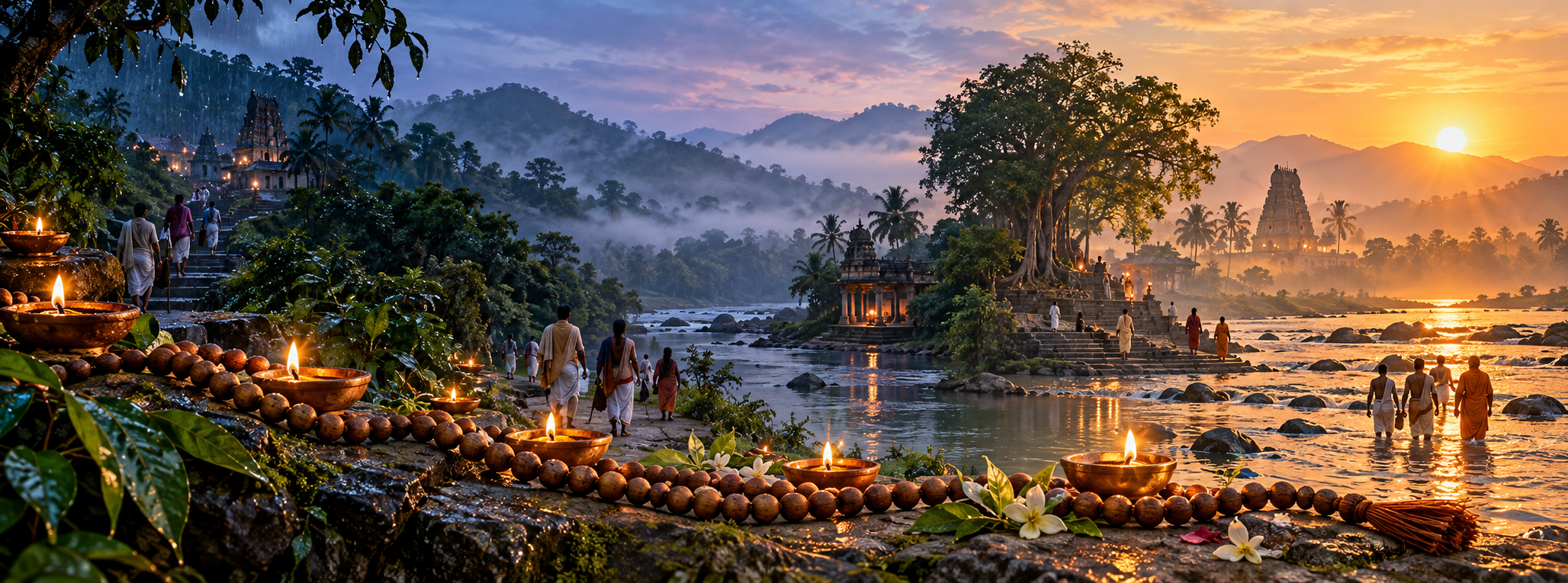 A mala links a sequence of changing seasonal landscapes, oil lamps, forested hills, a distant temple, and a riverbank.
