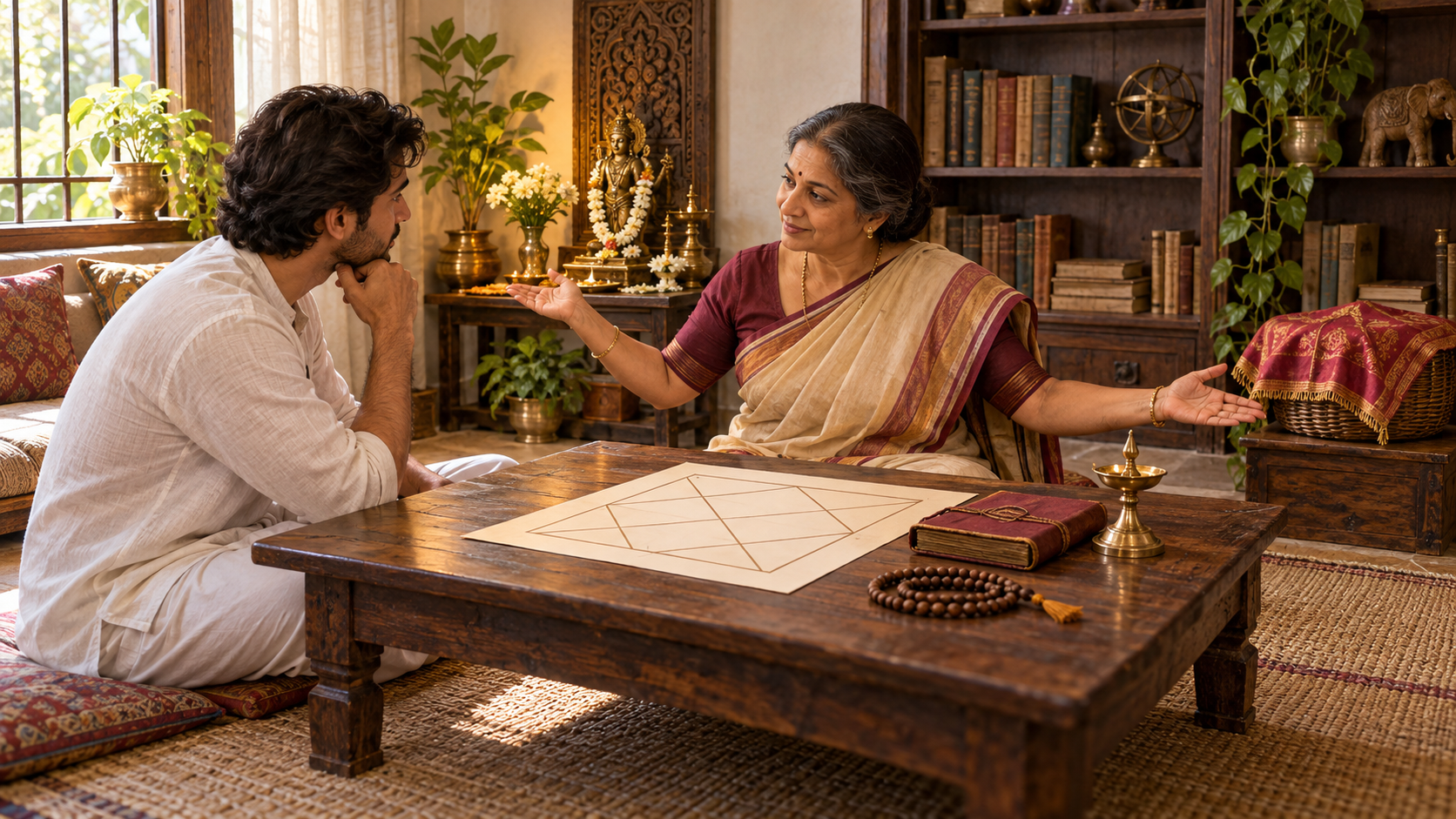 A spiritual seeker consults a teacher beside prayer beads, a brass lamp, a closed scripture bundle, and an abstract chart.