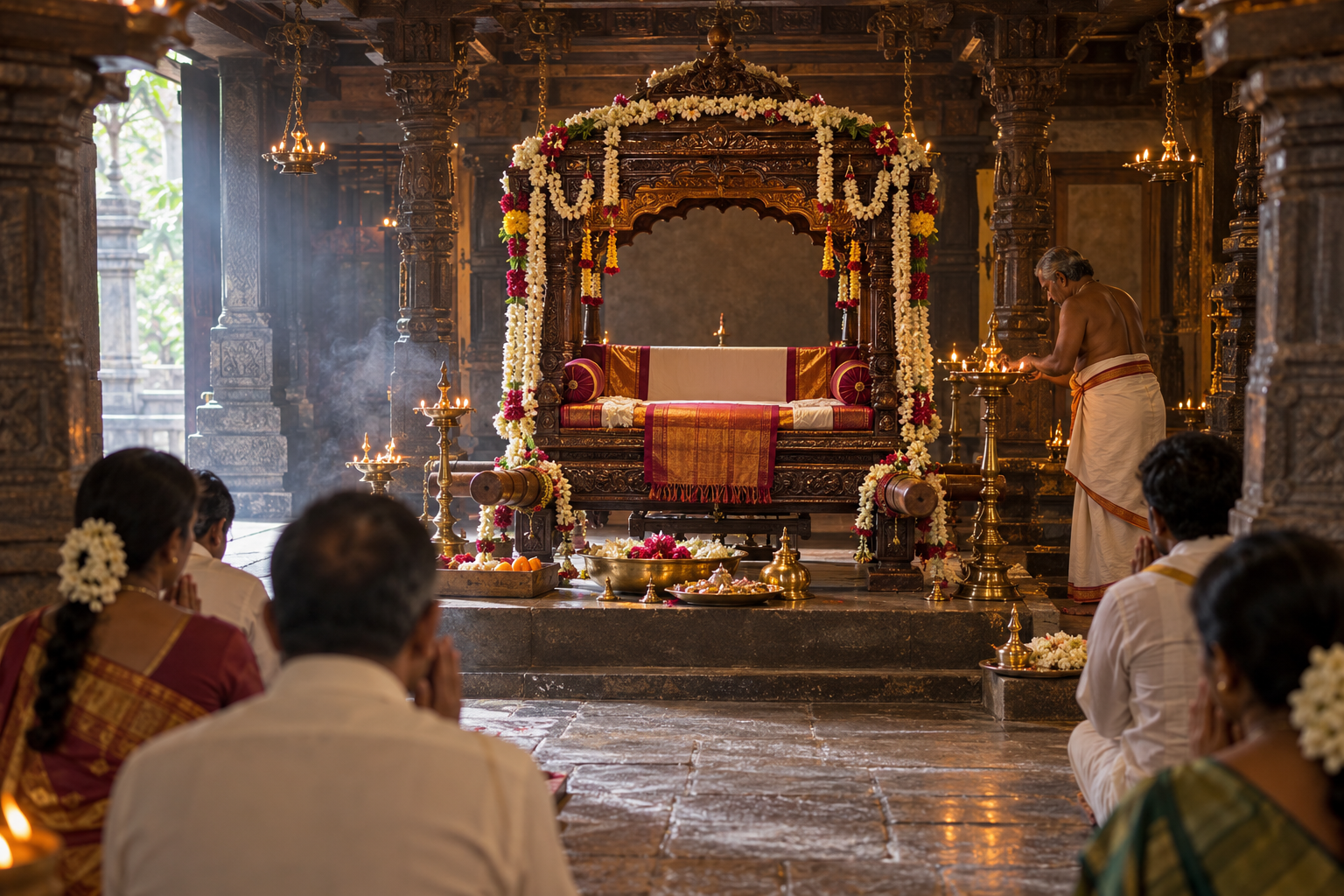 Devotees and a priest worship beside a decorated empty palanquin inside a lamp-lit temple hall.