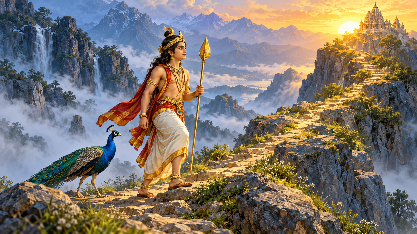 Kartikeya walks up a sunlit mountain trail carrying an upright spear, with a peacock following behind him.