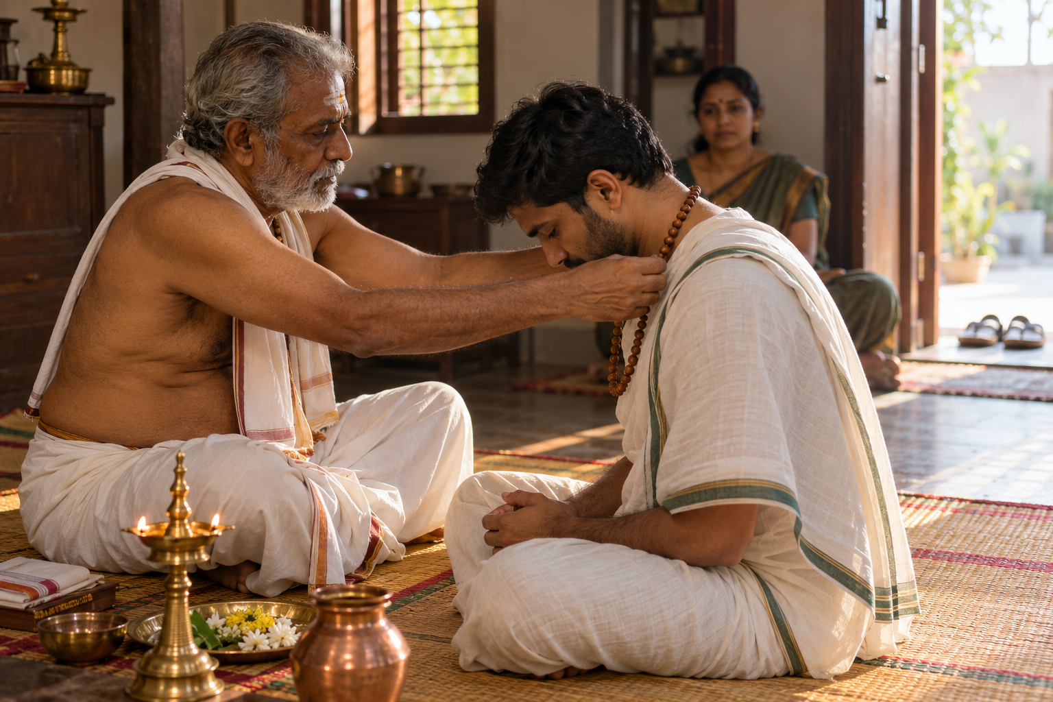 An elder places a wooden mala around a seated devotee's neck beside an oil lamp in a modest home.