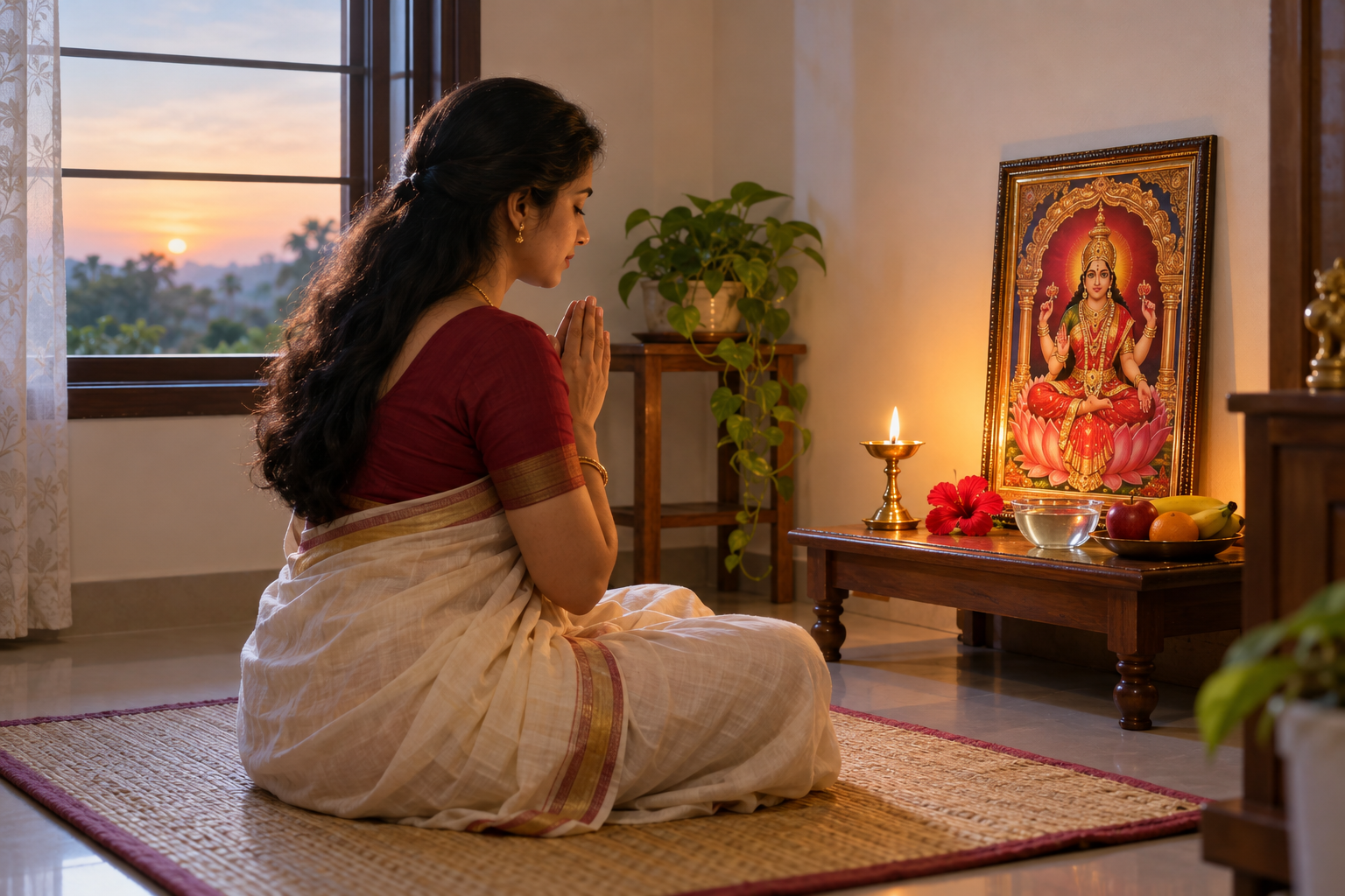 A devotee prays at a simple home altar with a goddess image, oil lamp, red flower, water, and fruit.