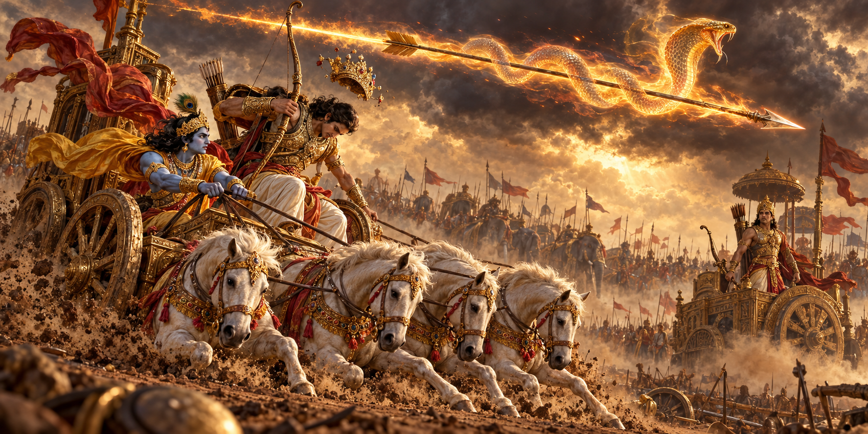 Krishna lowers Arjuna's chariot as Ashvasena's serpent-imbued arrow passes over Arjuna and knocks off his crown during the duel with Karna.