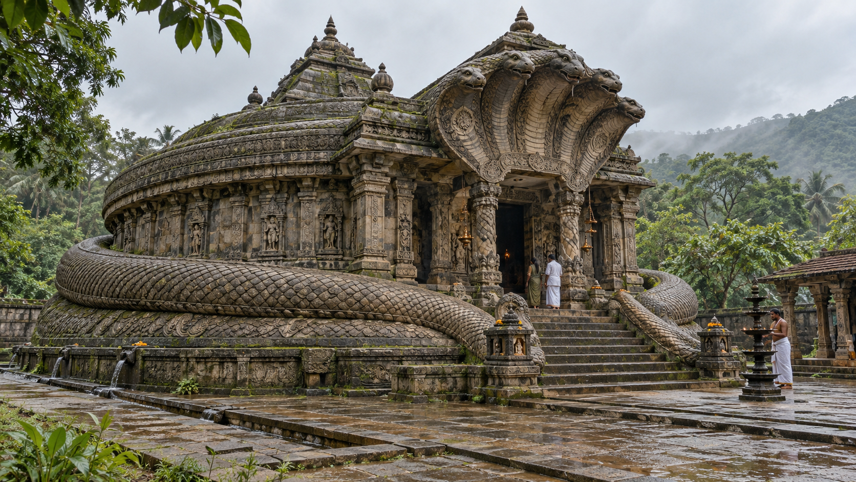 Visitors approach a stone shrine built with a monumental coiled-serpent form and hooded canopy.