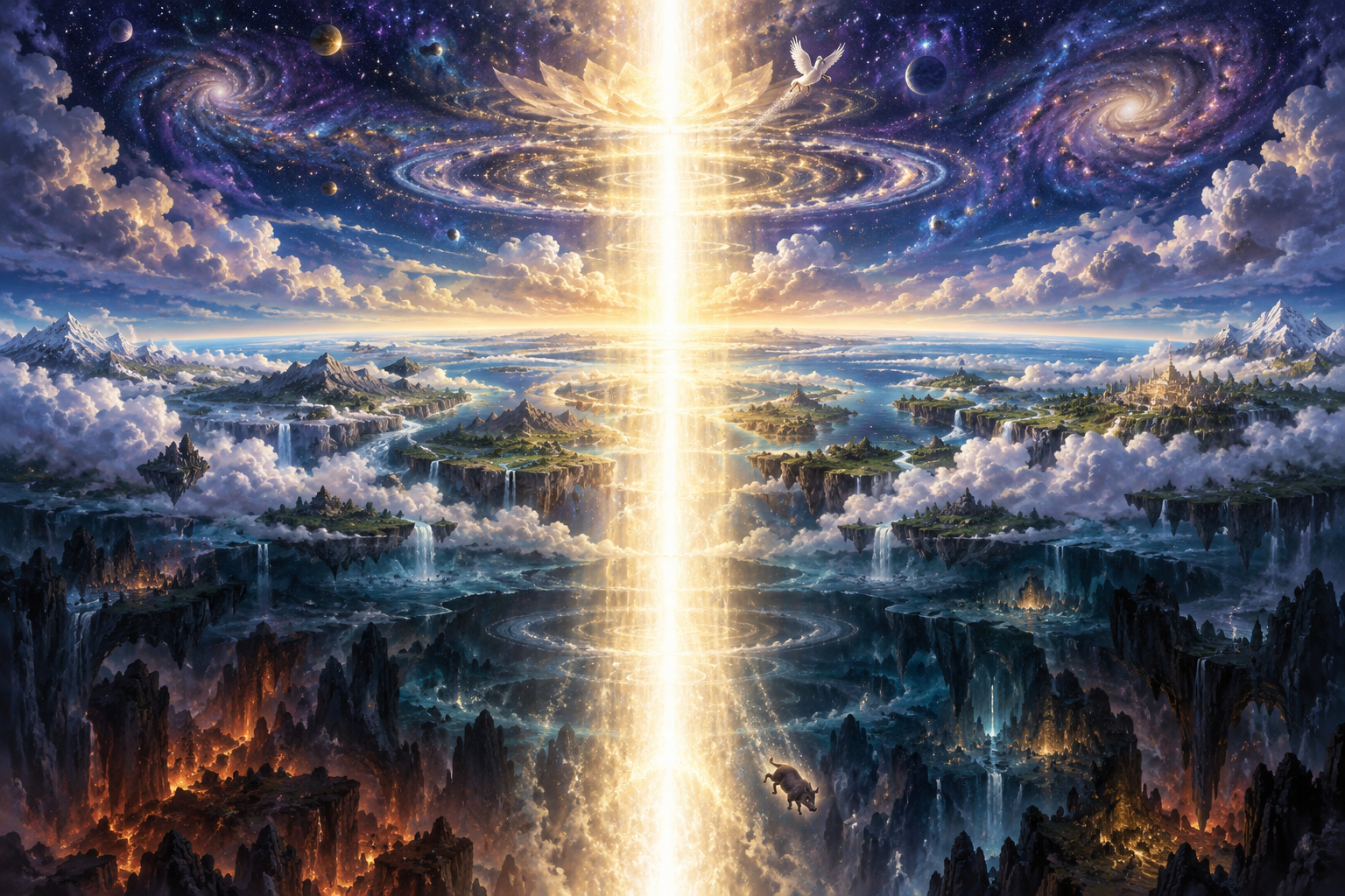 An endless white-gold pillar of light crosses cosmic depths and starry space while a small swan flies upward and a boar descends below.