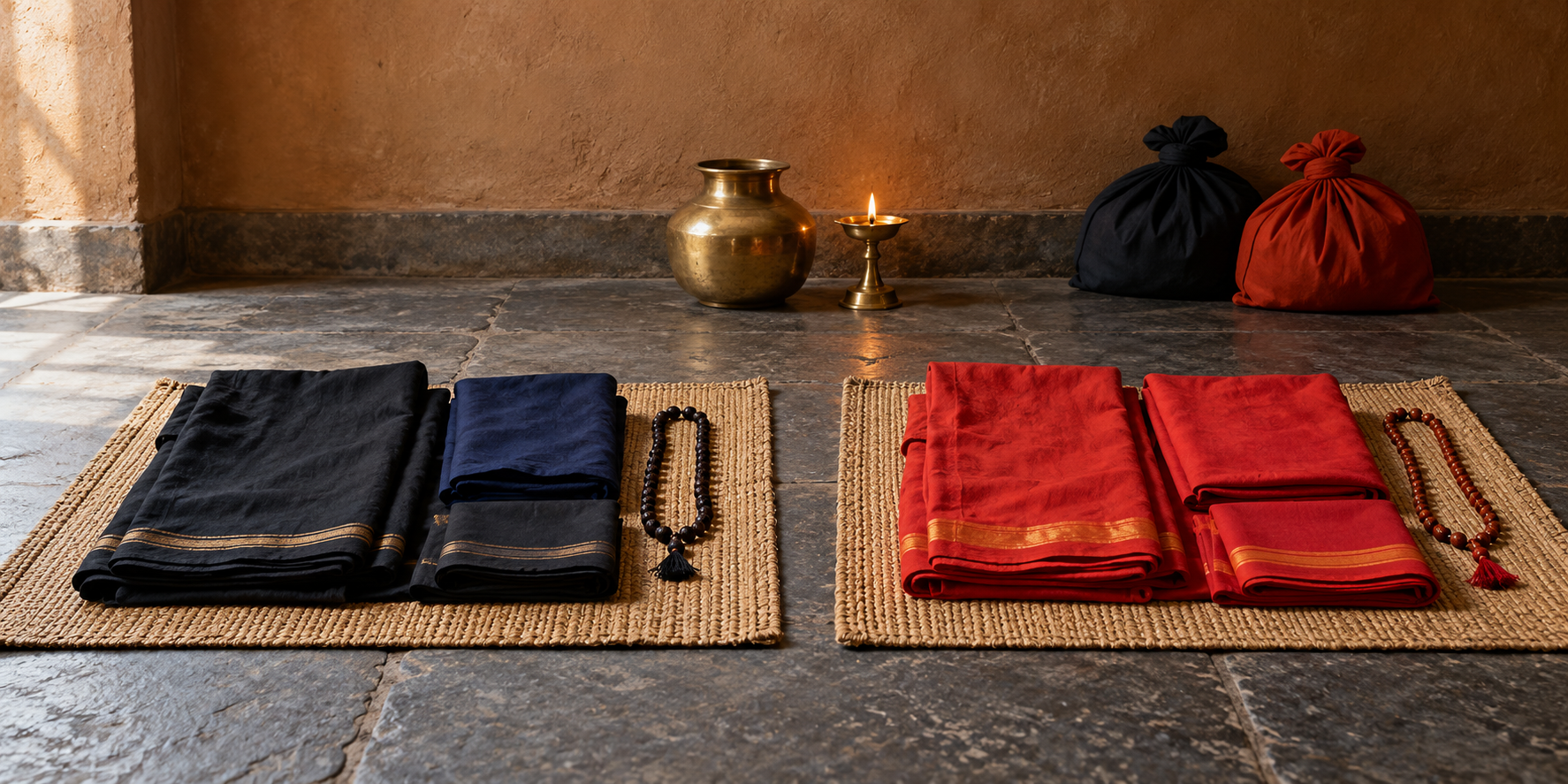 Plain black, navy, red, and vermilion deeksha garments are arranged on woven mats with malas, a lamp, and simple pilgrimage bundles.