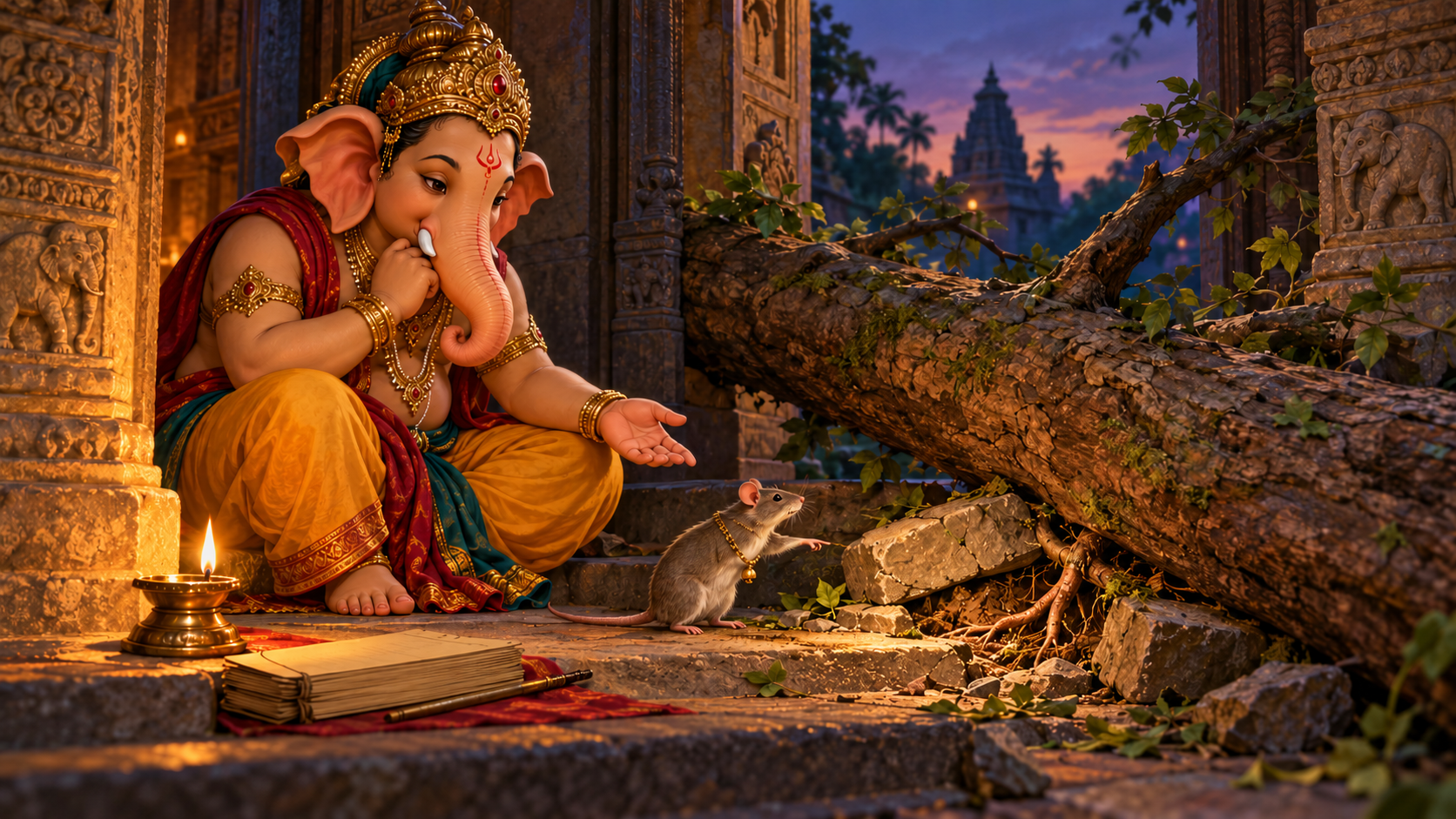 Ganesha examines a fallen branch at a temple doorway while a mouse stands beside a small root trapped under a loose stone.