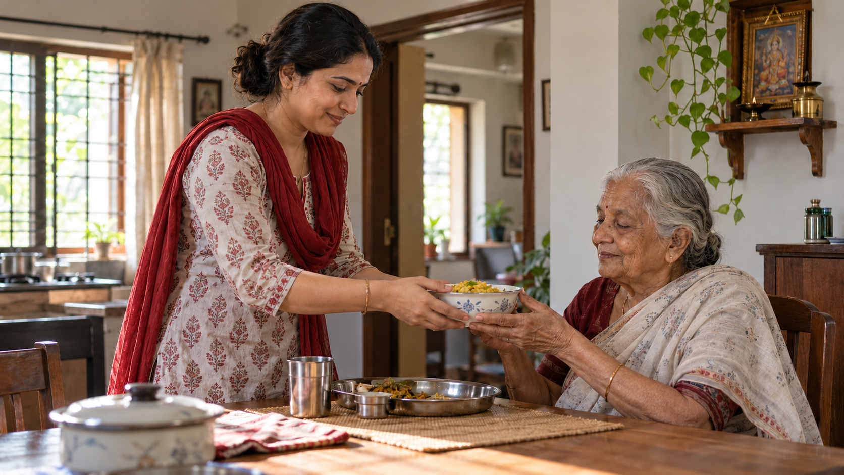 A devotee patiently serves a meal to an elderly family member while a small prayer lamp rests on a shelf behind them.