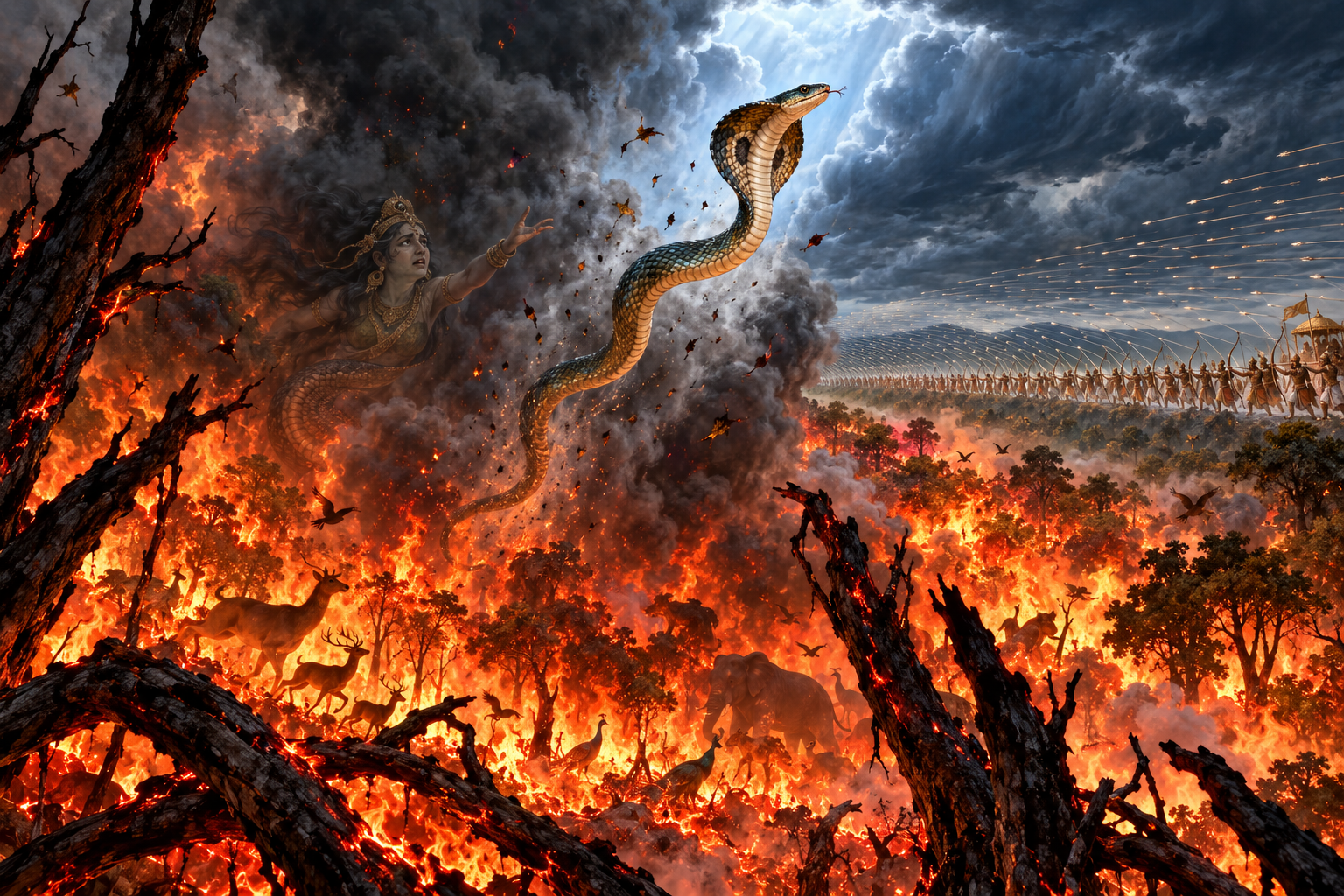 The young naga Ashvasena escapes through smoke above the burning Khandava forest while a barrier of arrows surrounds the distant flames.
