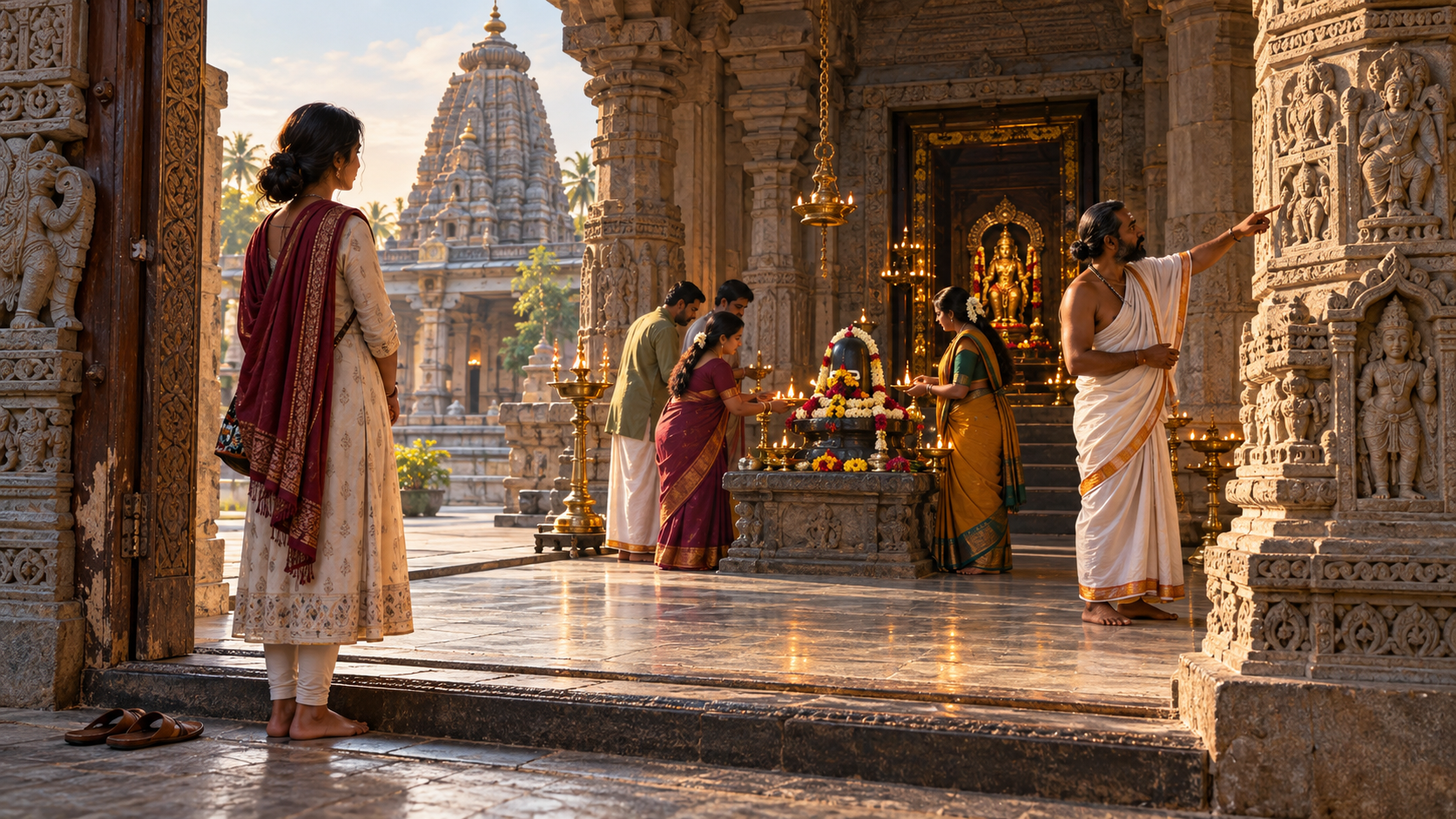 A visitor observes temple ritual, symbolic carving, architectural form, and guidance from a temple attendant at the shrine threshold.