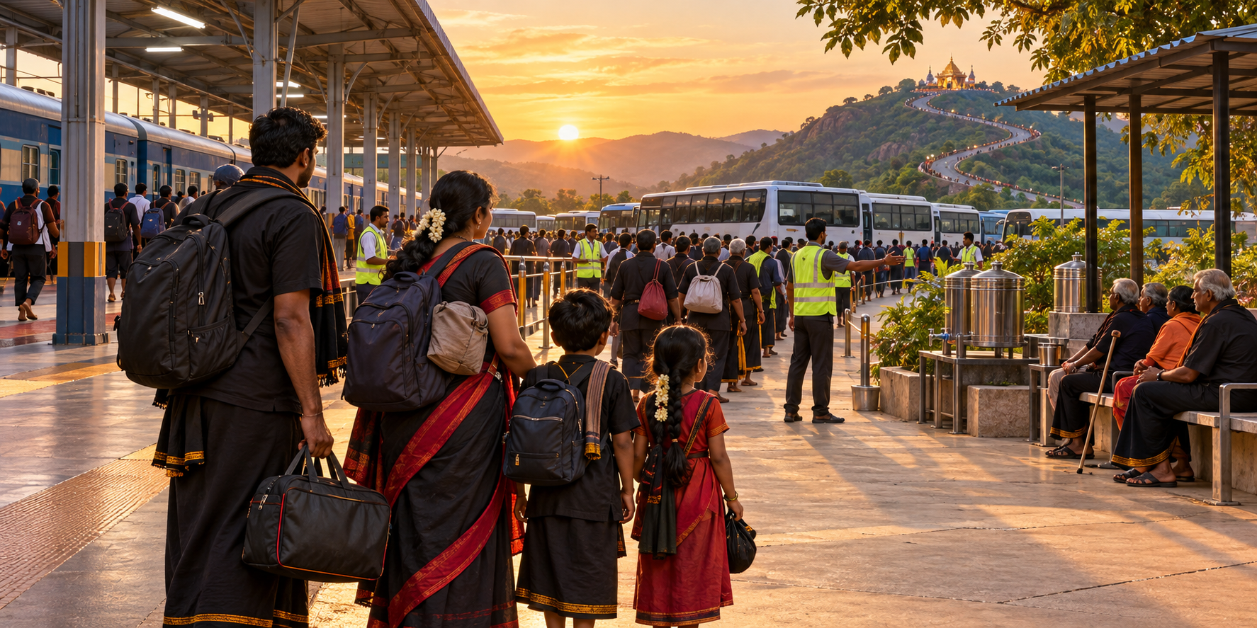 Deeksha pilgrims with small bags move in orderly lines between a railway platform and buses while volunteers guide the crowd.