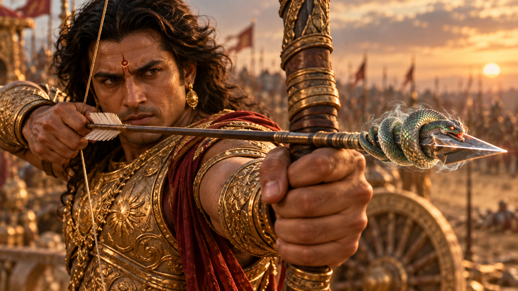 Karna draws his bow while the naga Ashvasena secretly coils around the arrowhead aimed toward Arjuna.