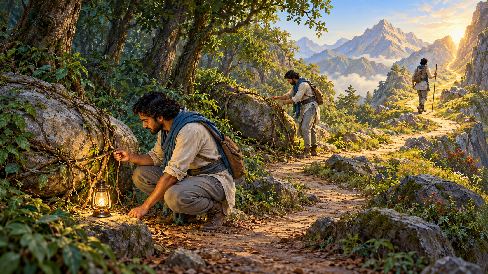 A seeker examines vines around a fallen stone, clears the path at its binding point, and then walks toward a sunlit mountain pass.