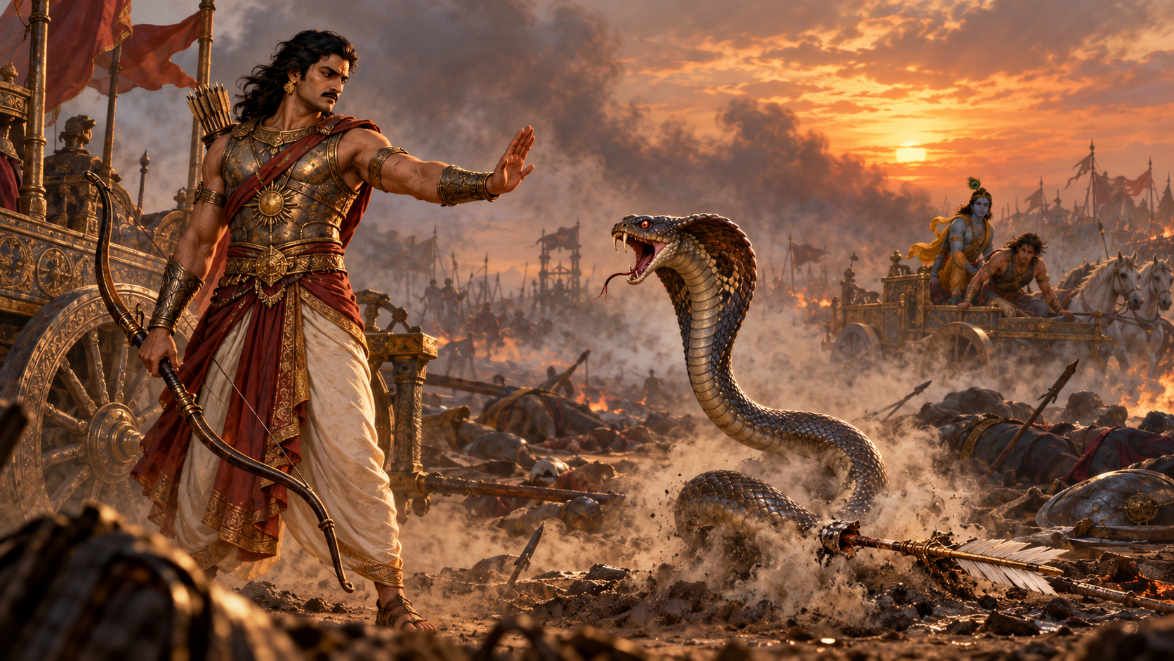 Karna refuses the agitated naga Ashvasena after the failed arrow shot, while Krishna and Arjuna remain on their chariot in the distance.