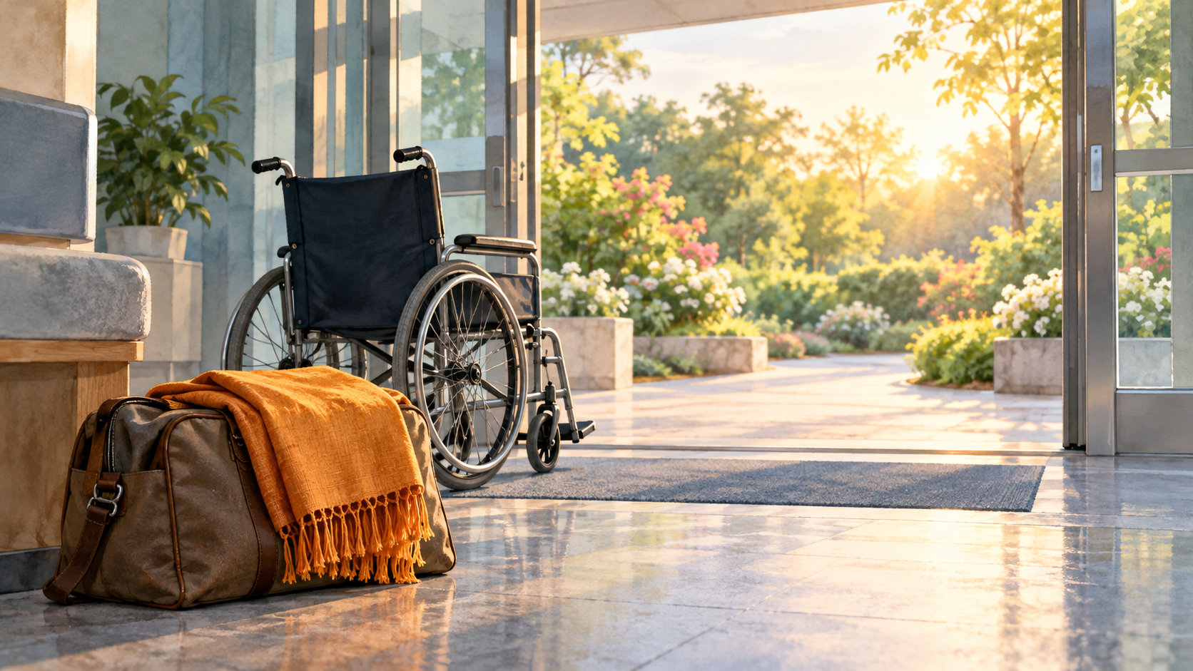 An empty wheelchair and a travel bag with a folded saffron-colored shawl near a hospital doorway opening onto a sunlit garden.