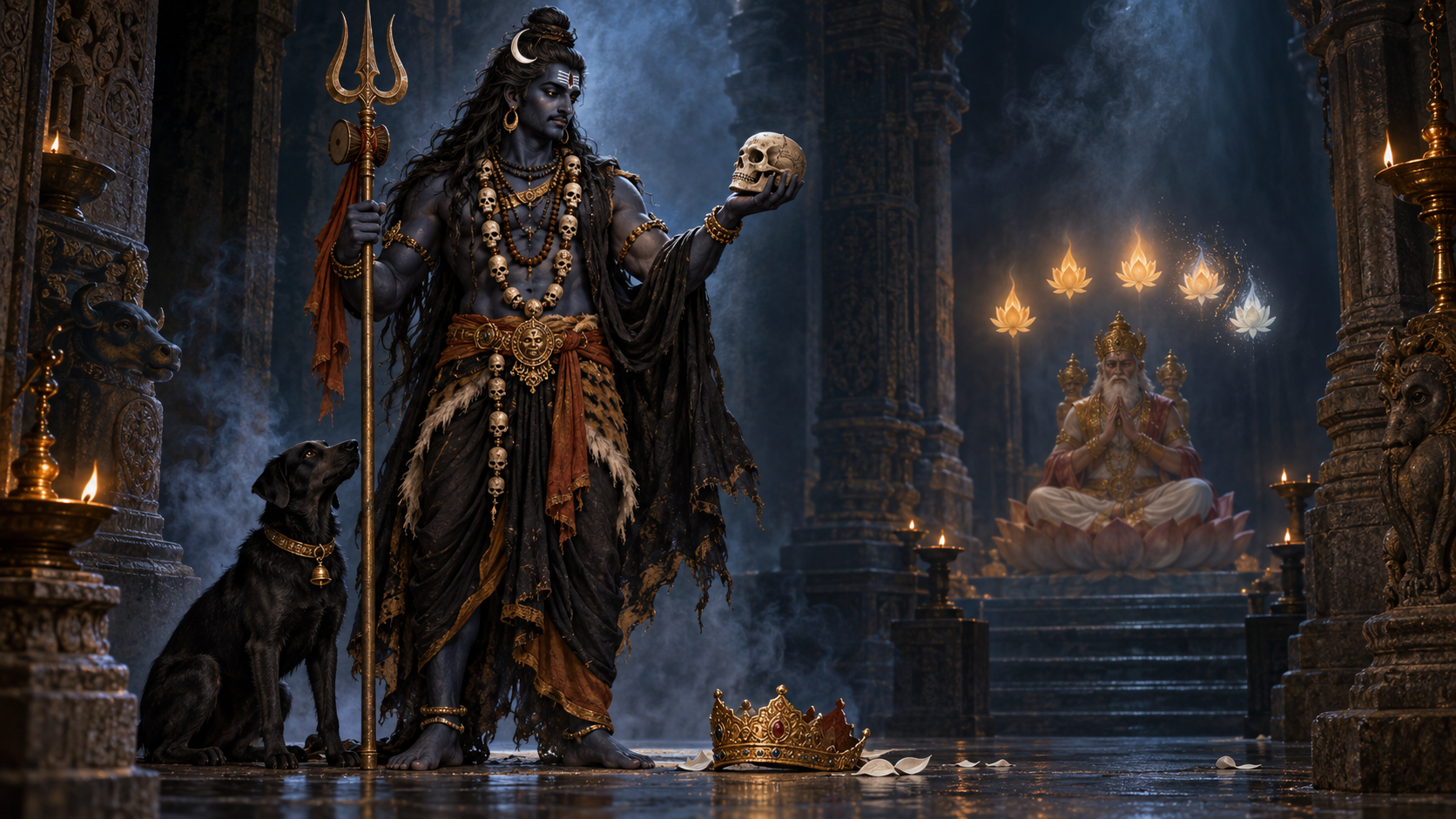 Kala Bhairava holds a bloodless symbolic skull beside a discarded crown as one of five lotus-shaped flames fades behind Brahma.