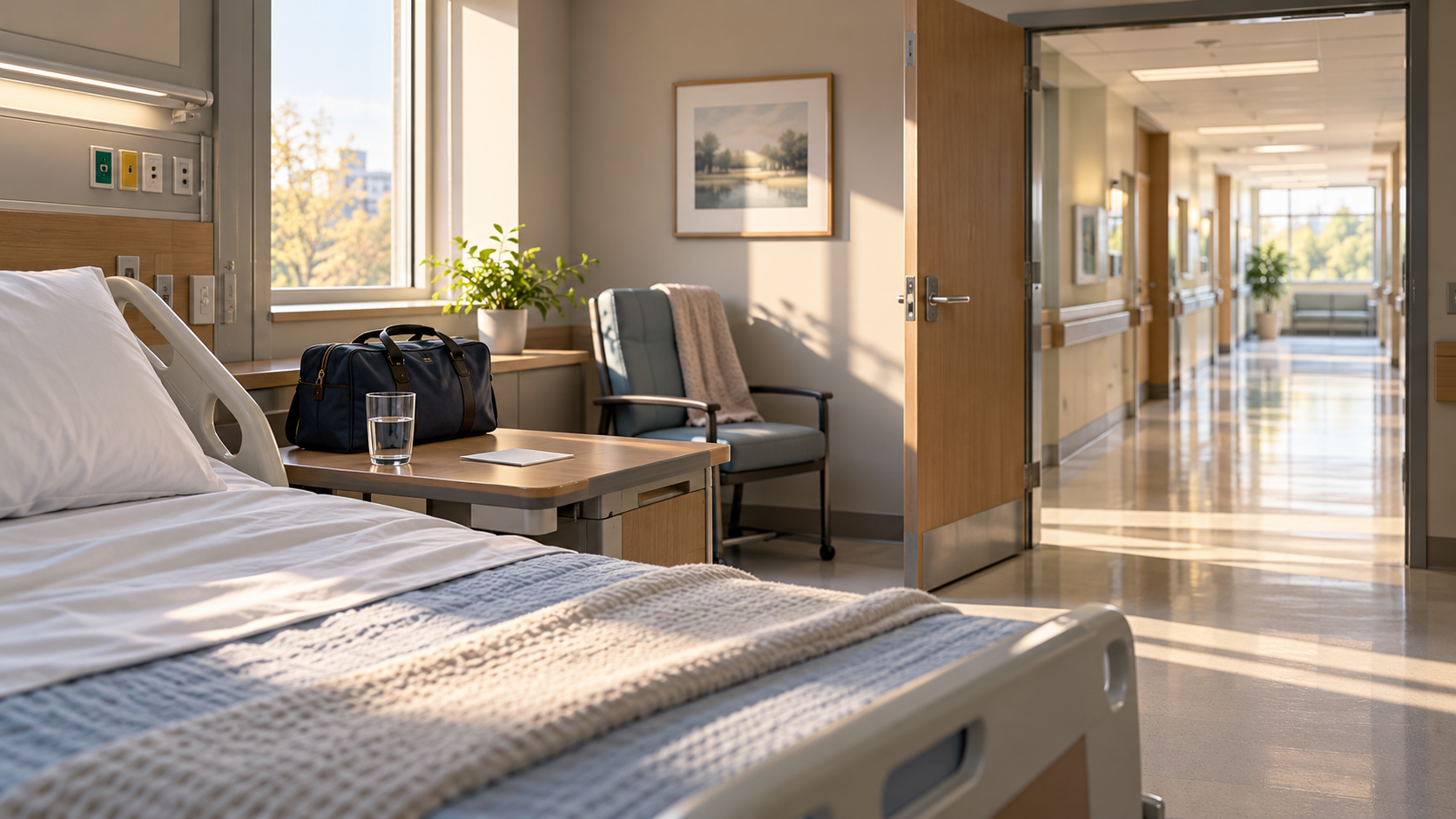 A neatly made hospital bed, a packed overnight bag, and an open door leading into a quiet corridor.
