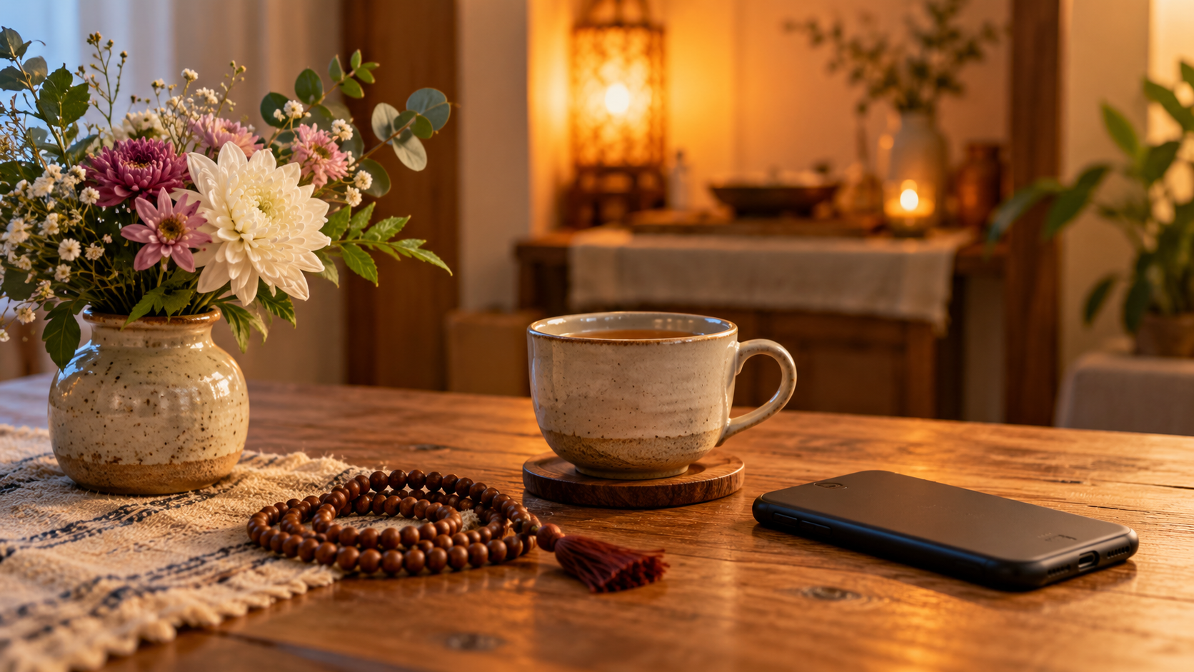 Prayer beads, fresh flowers, a cup of tea, and a face-down smartphone arranged on a wooden table.