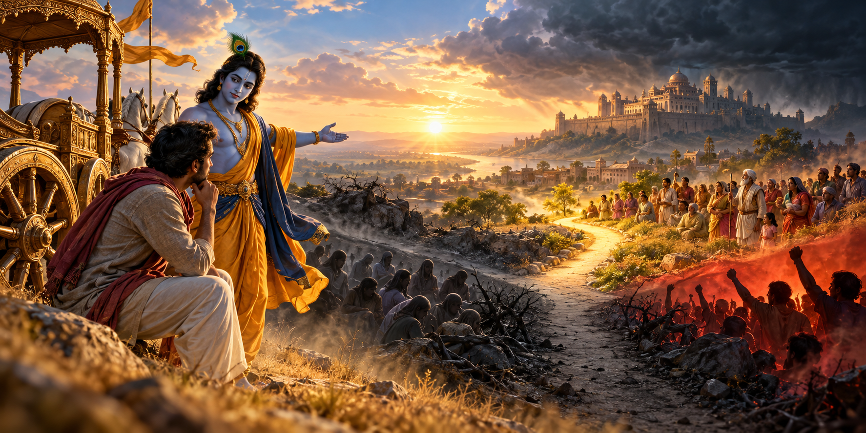Krishna stands beside a chariot at dawn and guides a conflicted seeker toward an illuminated path between a shadowed palace and gathered townspeople.