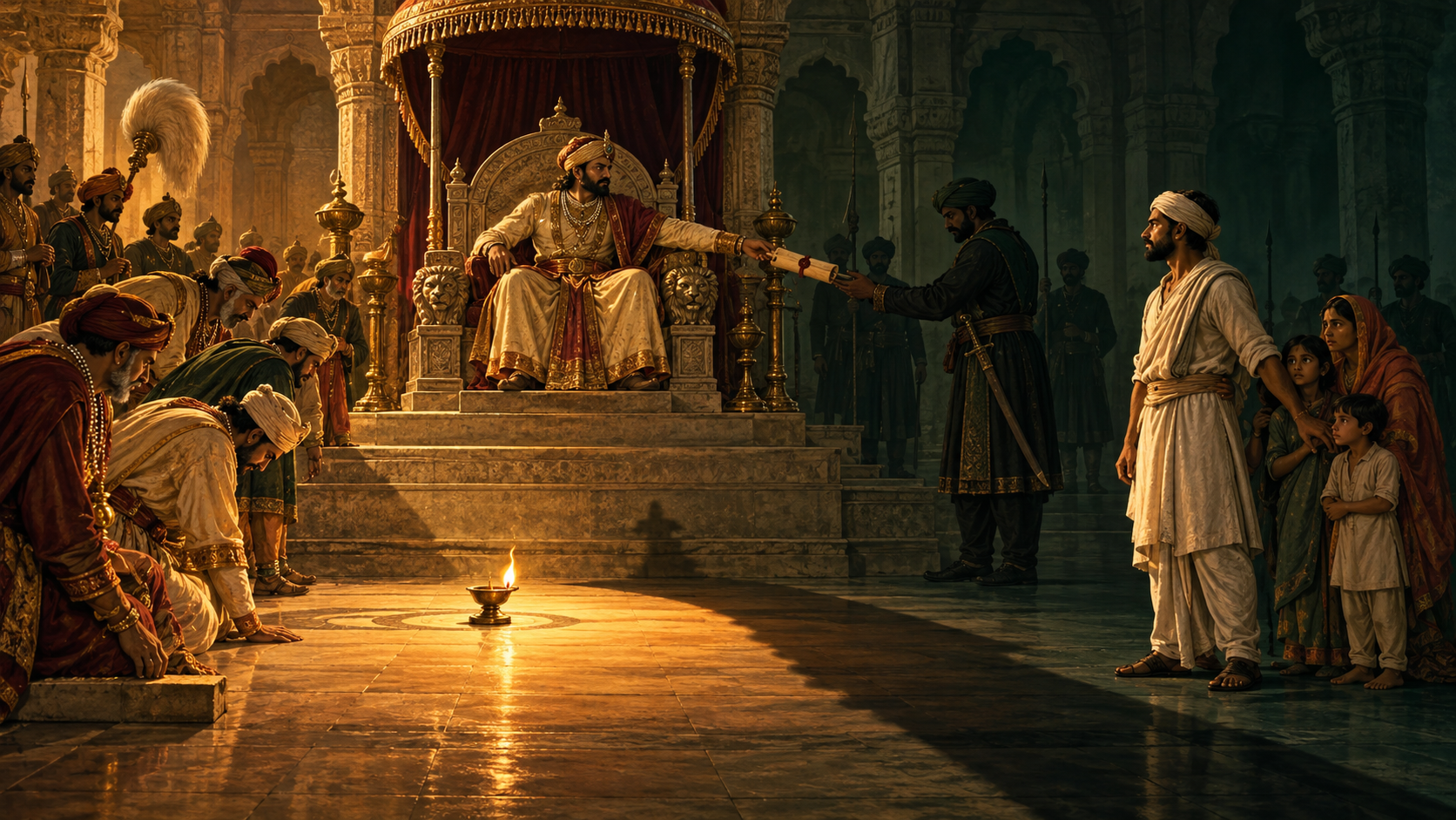 A citizen refuses a ruler's concealed order while protecting a family at the edge of an oil lamp's light in a royal court.