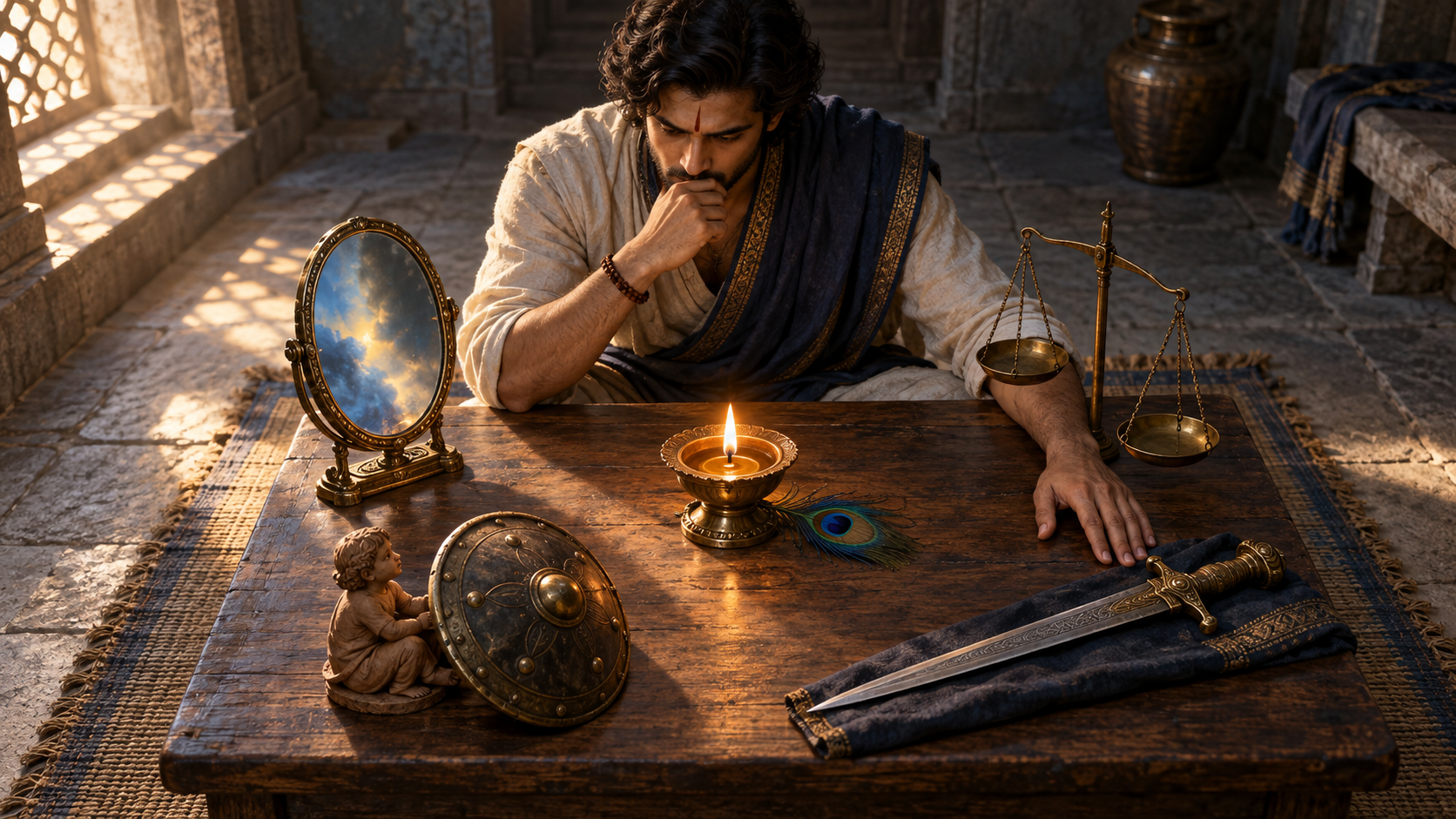 A seeker considers a mirror, scales, shield, child figurine, and sheathed sword arranged around an oil lamp on a wooden table.