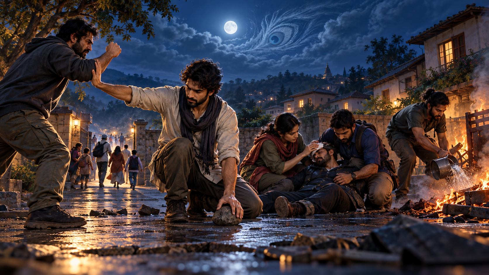 Protesters set down a stone, restrain a raised arm, help an injured opponent, and extinguish a fire near homes at night.