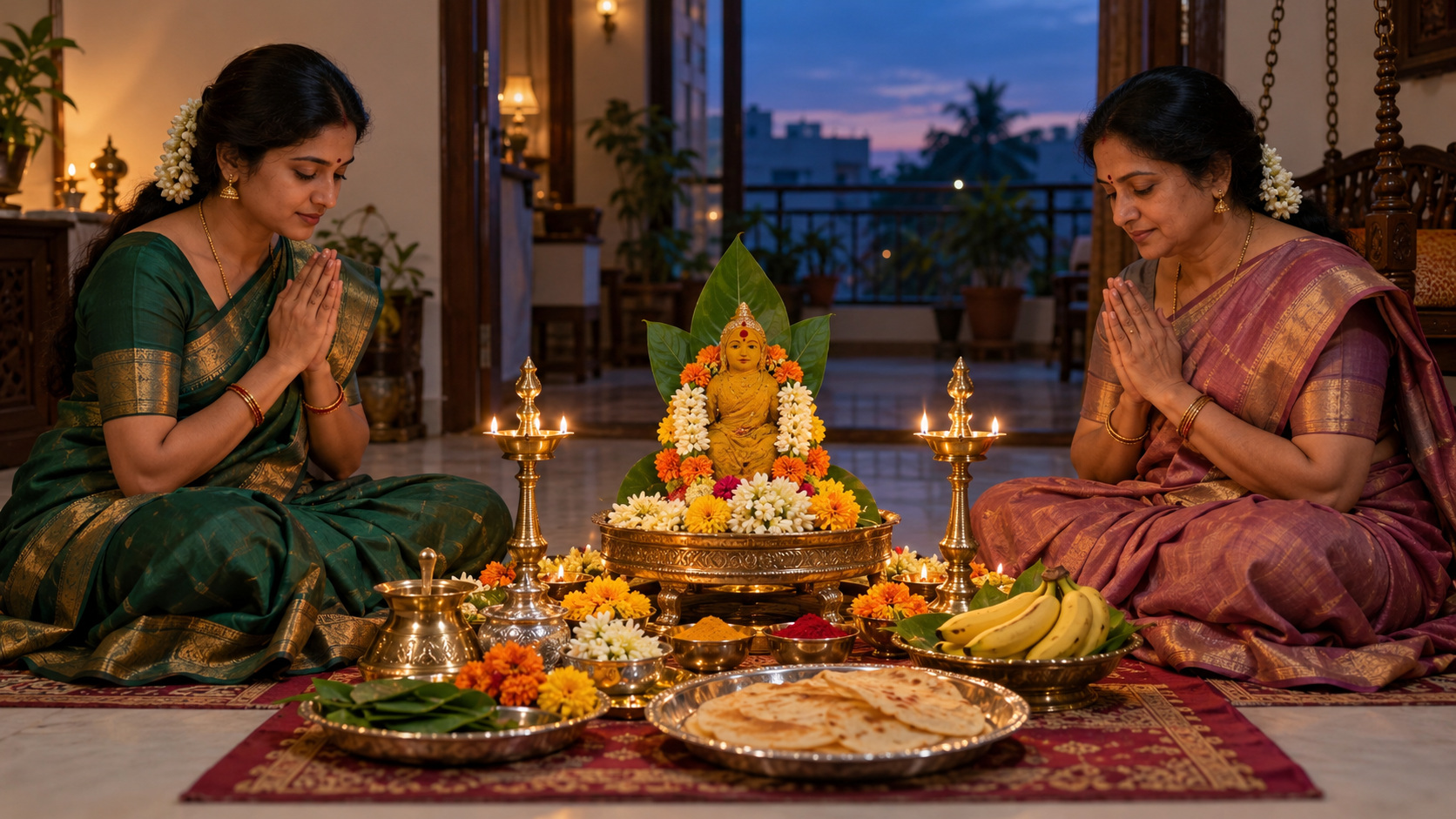 Two women pray before a flower-decorated Gauri puja altar with oil lamps and a plate of atlu.