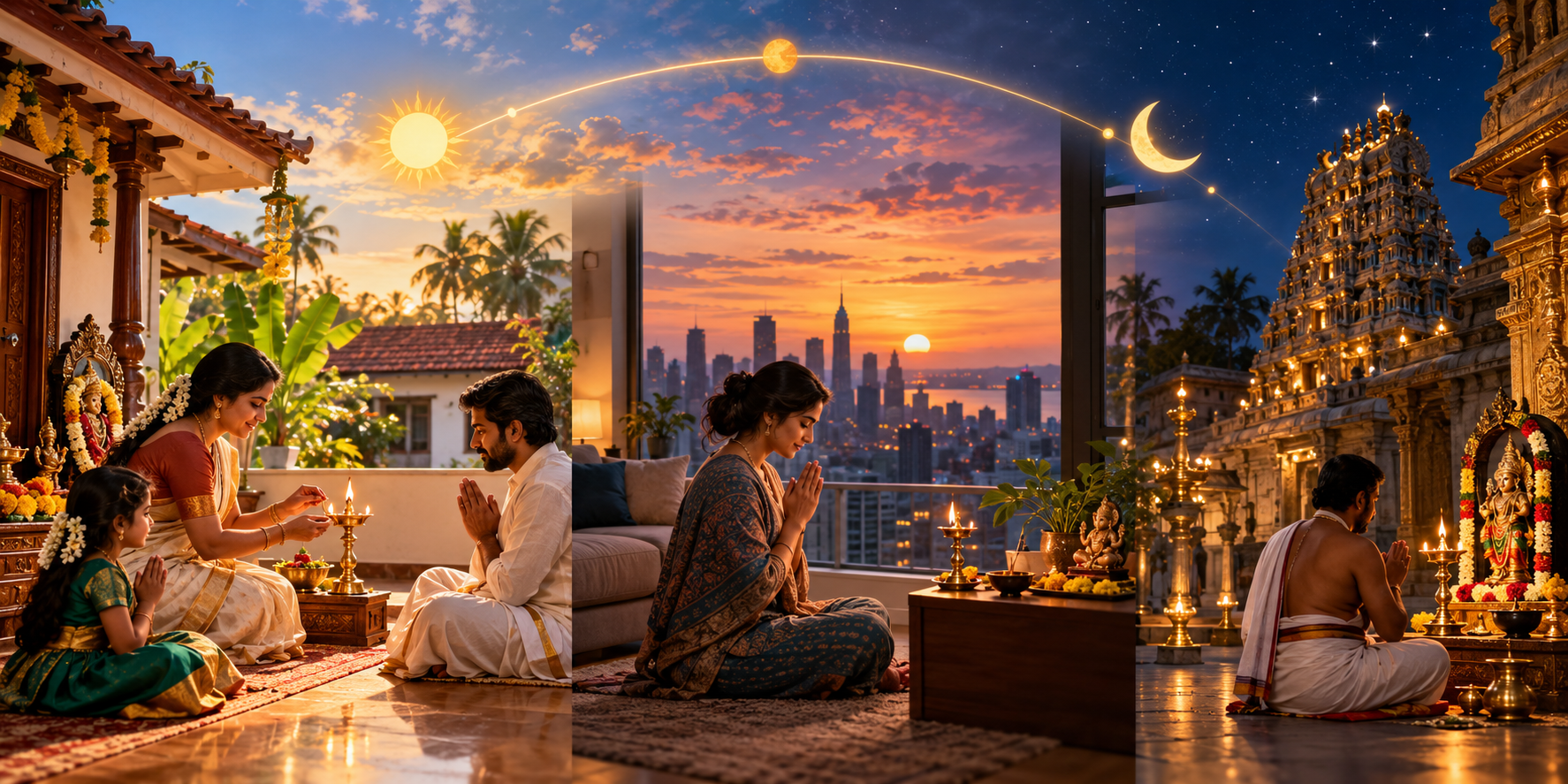 Three worship settings in different cities appear under skies at different stages of daylight, each with a brass puja lamp.