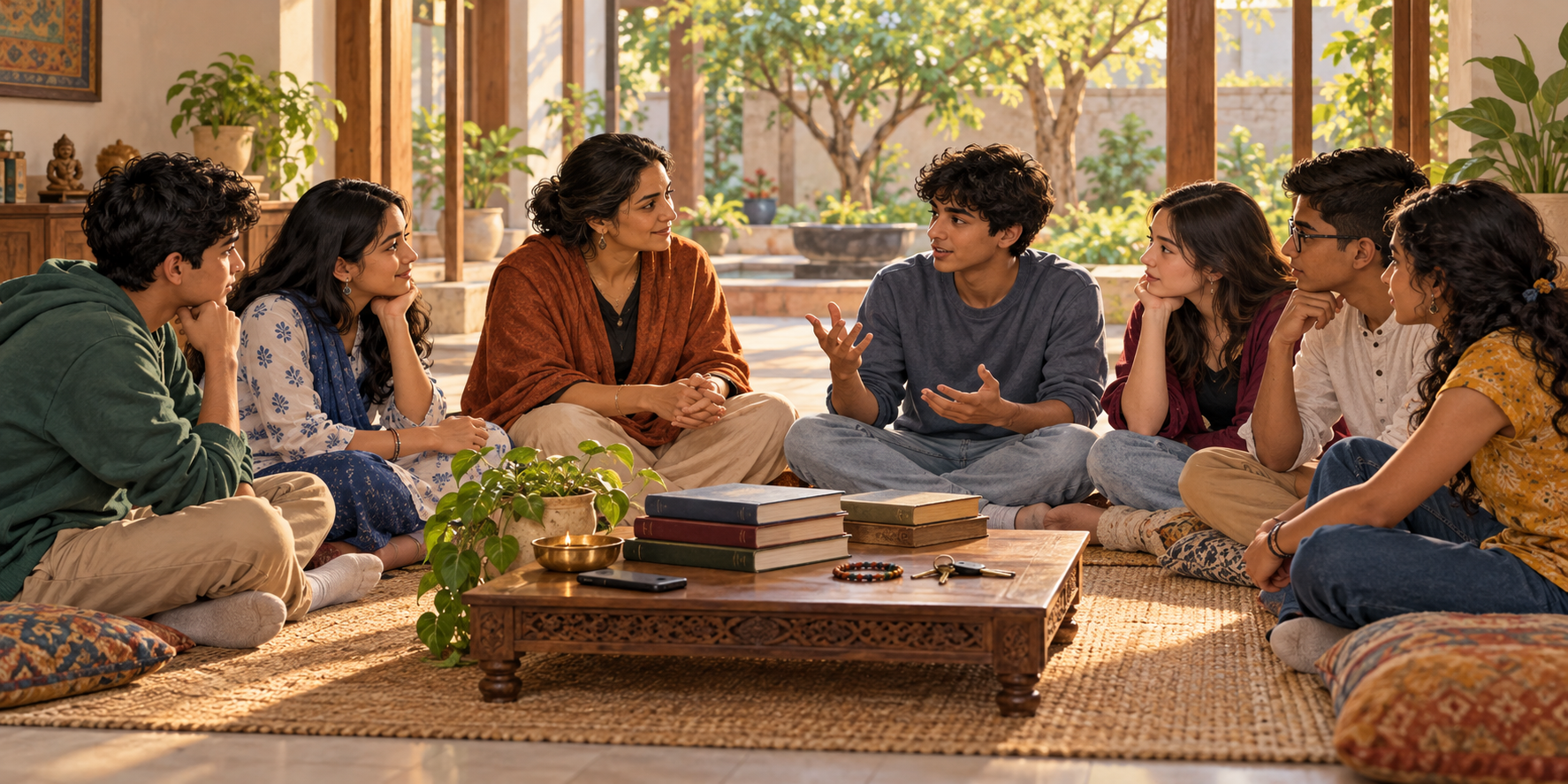A facilitator leads six teenagers in a discussion circle beside a lamp, closed books, a house key, and a face-down smartphone in a community hall.