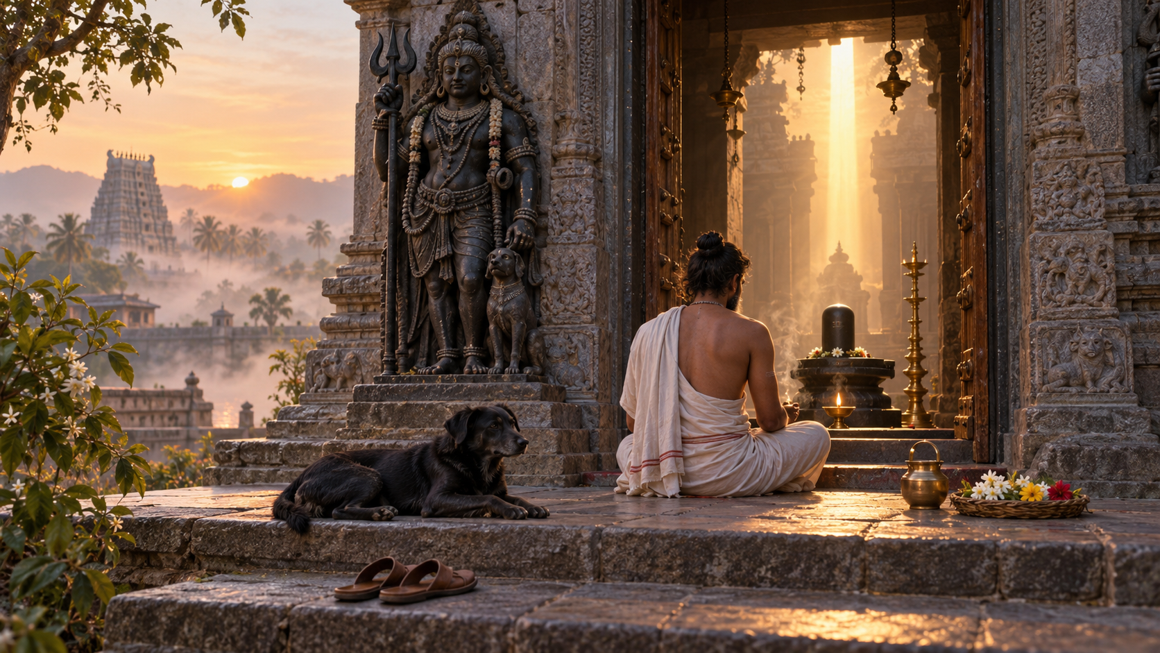 A devotee meditates beside a lamp and Shiva linga at a temple threshold guarded by Kala Bhairava, with a black dog resting on the steps.