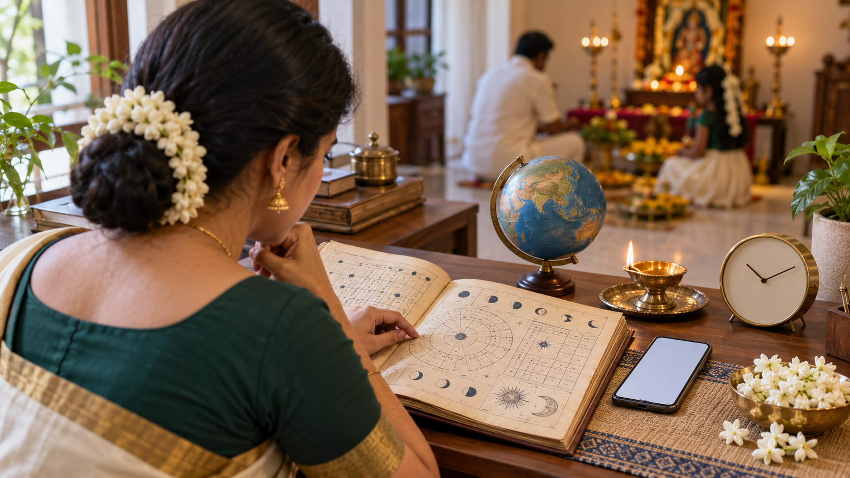 A woman checks a panchangam, smartphone, globe and clock while preparing to confirm a local puja time.