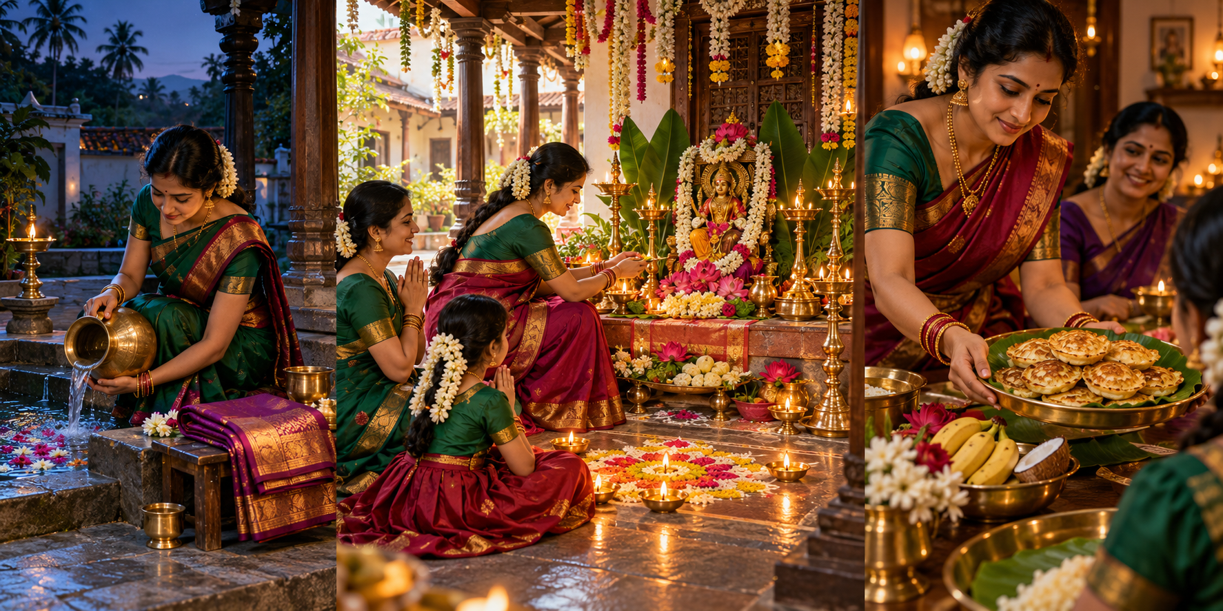 Three connected scenes show preparation for a ritual bath, women performing Gauri puja, and atlu served on a traditional plate.