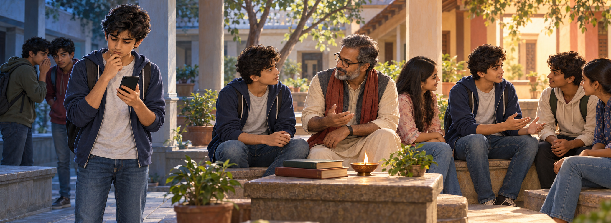 A teenager pauses over a phone, consults an adult beside closed books, and then speaks calmly with a friend in three connected courtyard scenes.